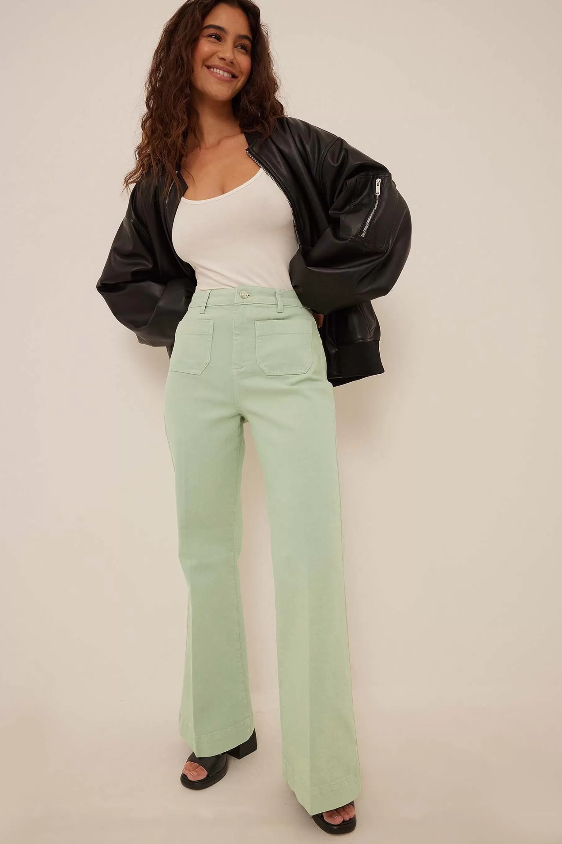 NA-KD 70´s Front Pocket Wide Leg Jeans Green