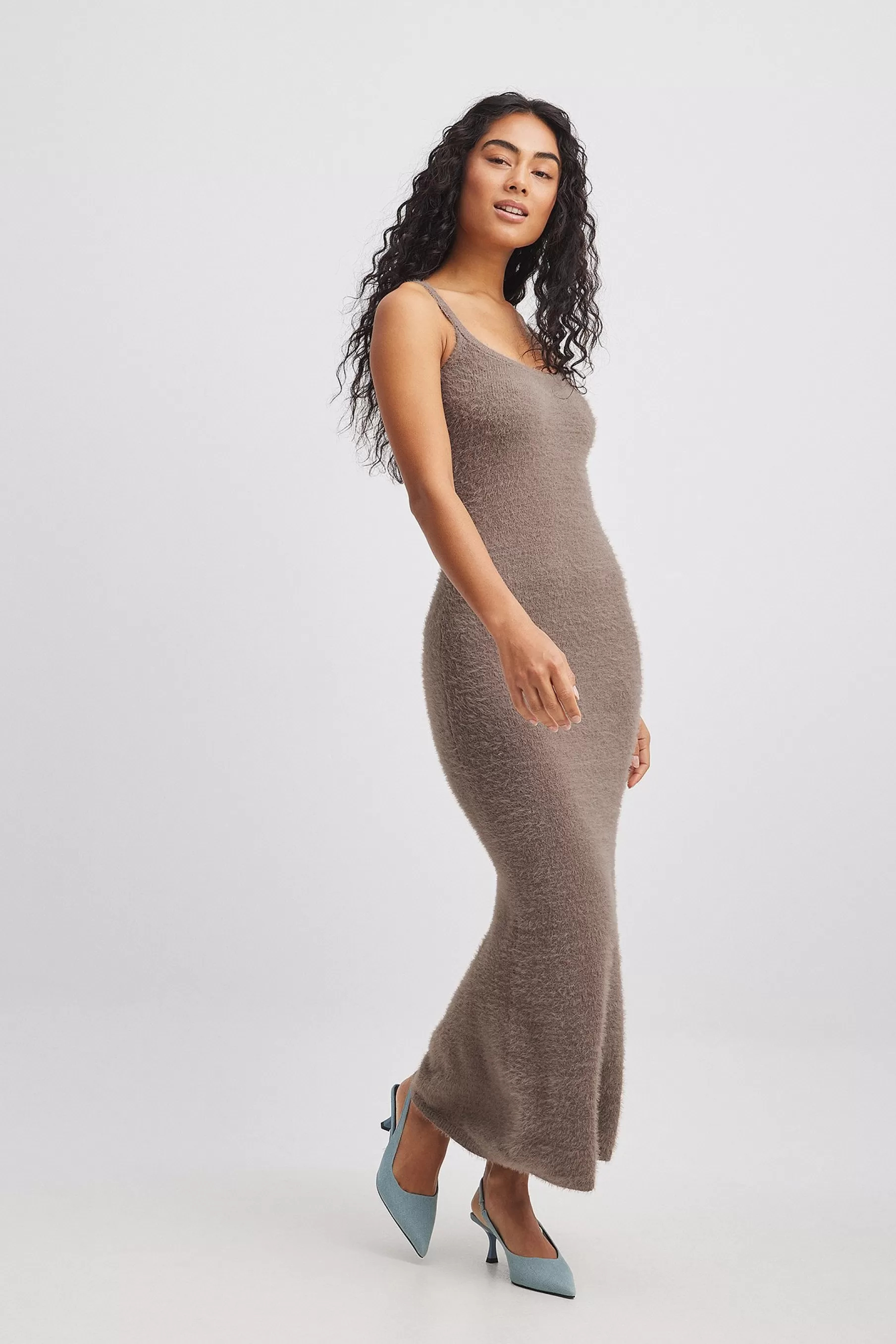 NA-KD A-Line Fuzzy Knit Midi Dress Brown