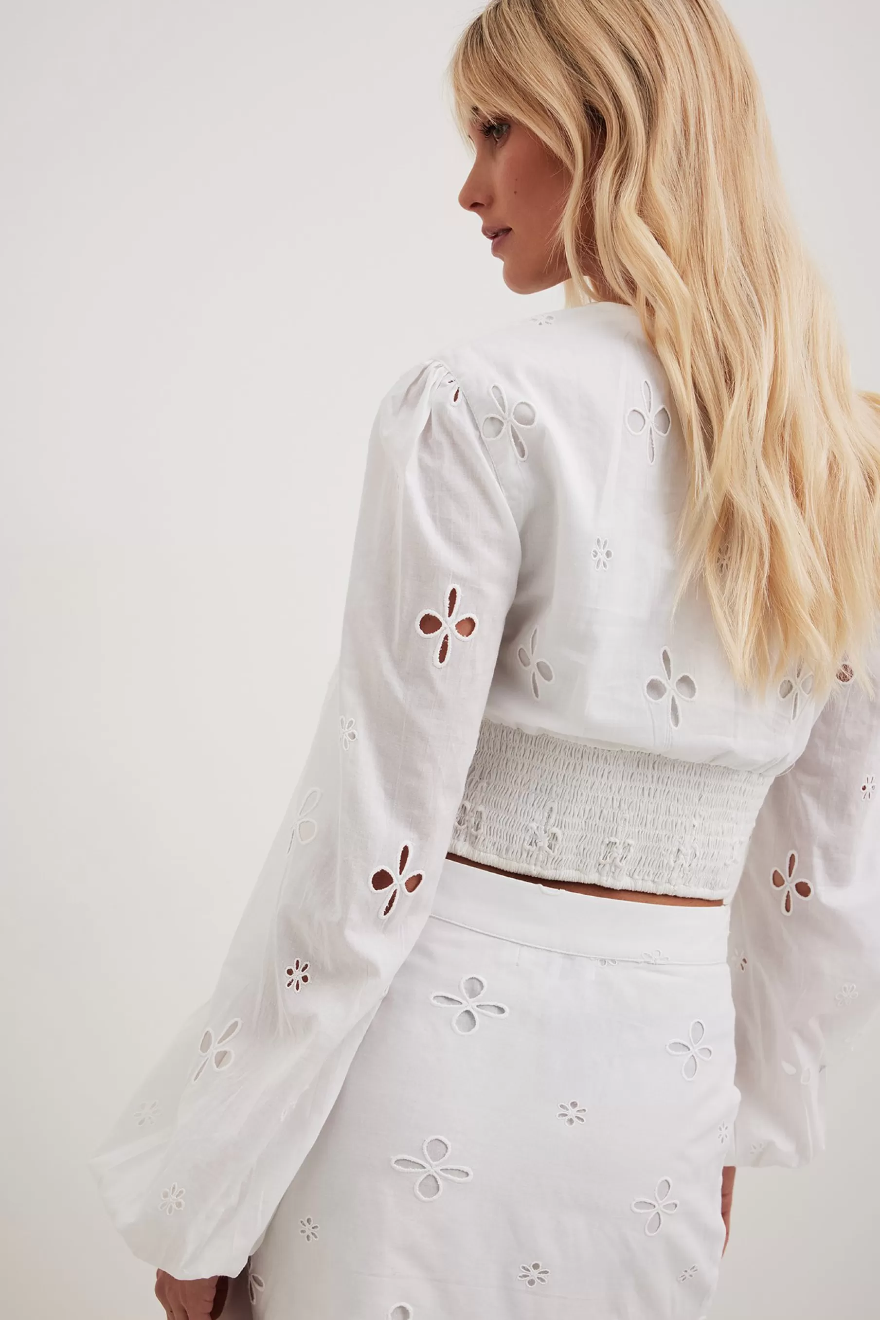 NA-KD Anglaise Long Sleeve Blouse White