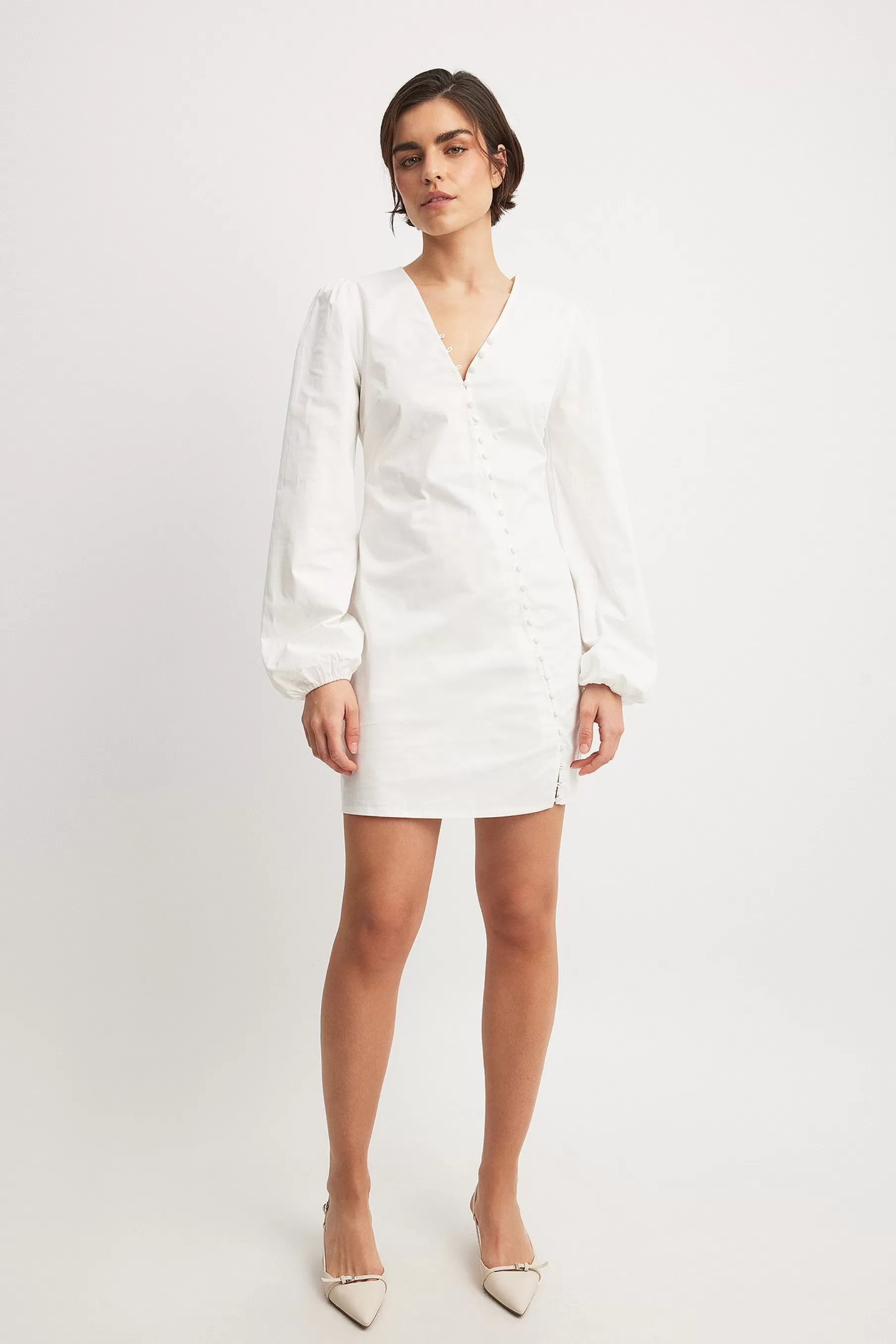 NA-KD Asymmetric Buttoned Long Sleeve Mini Dress White