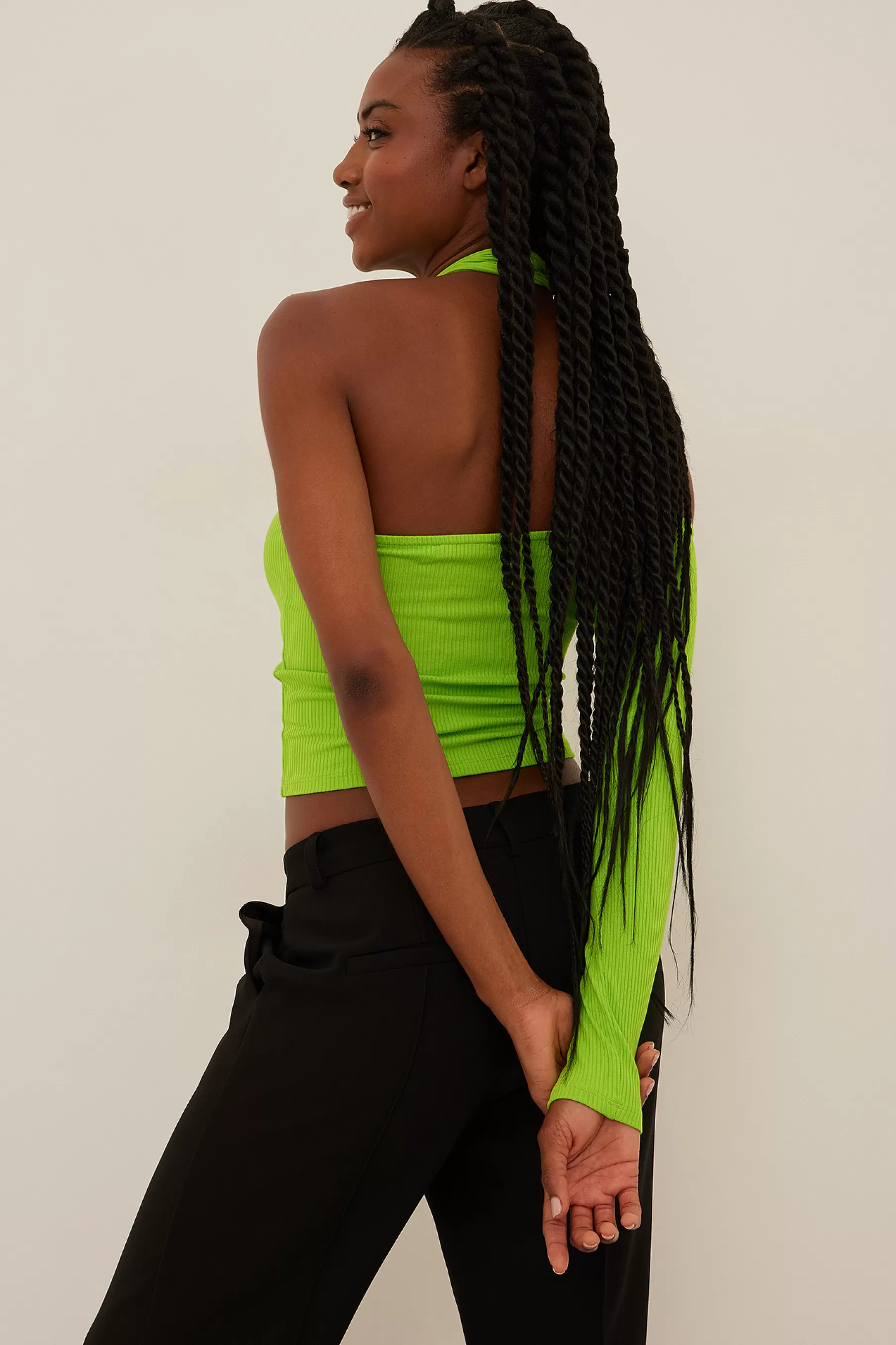 NA-KD Asymmetric Cut Out Rib Top Green