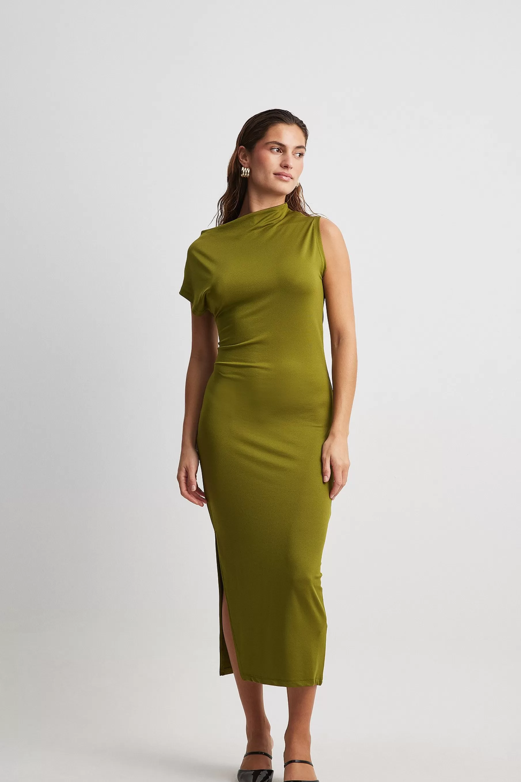 NA-KD Asymmetric Jersey Midi Dress Green