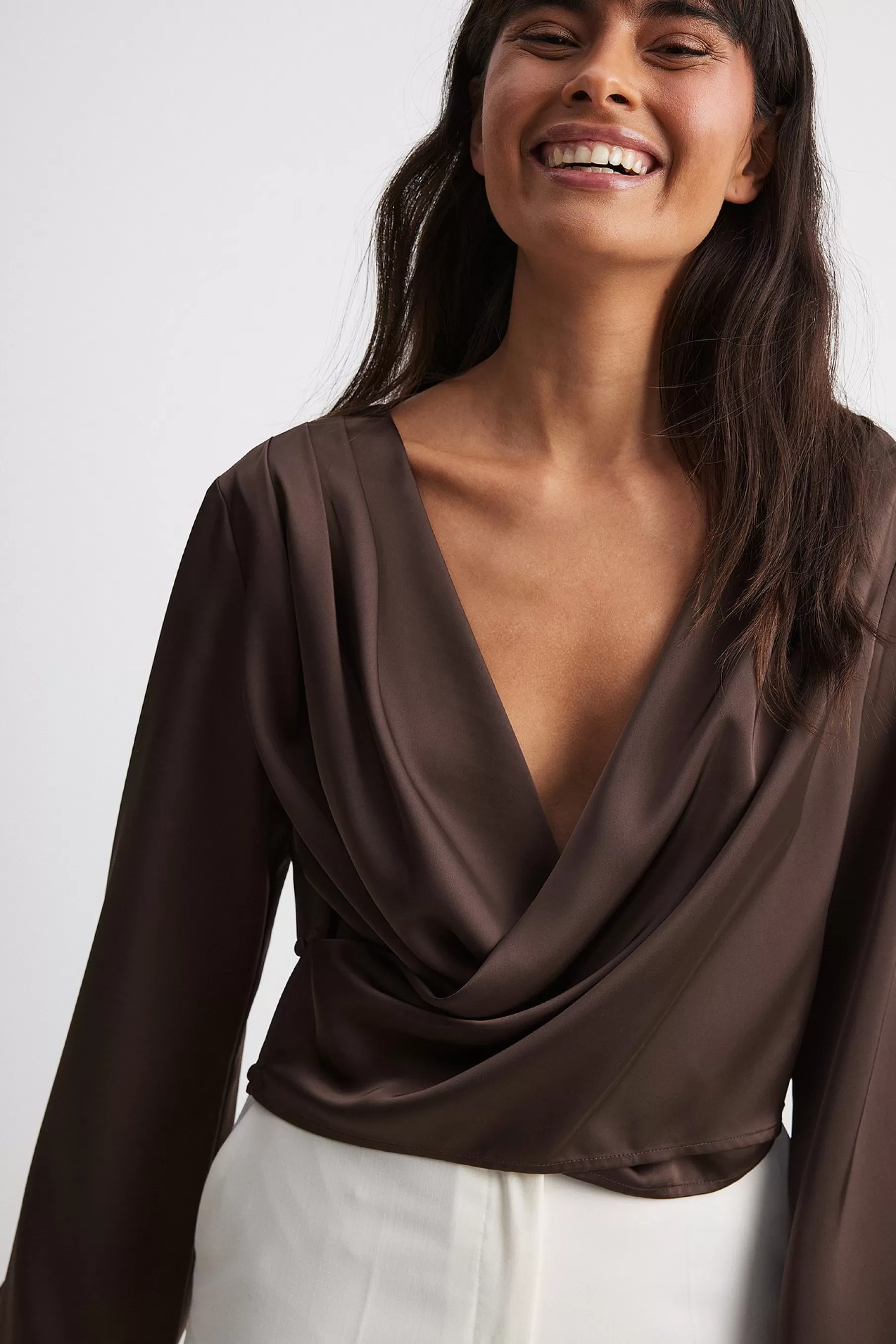 NA-KD Asymmetric Overlap Long Sleeve Satin Top Brown