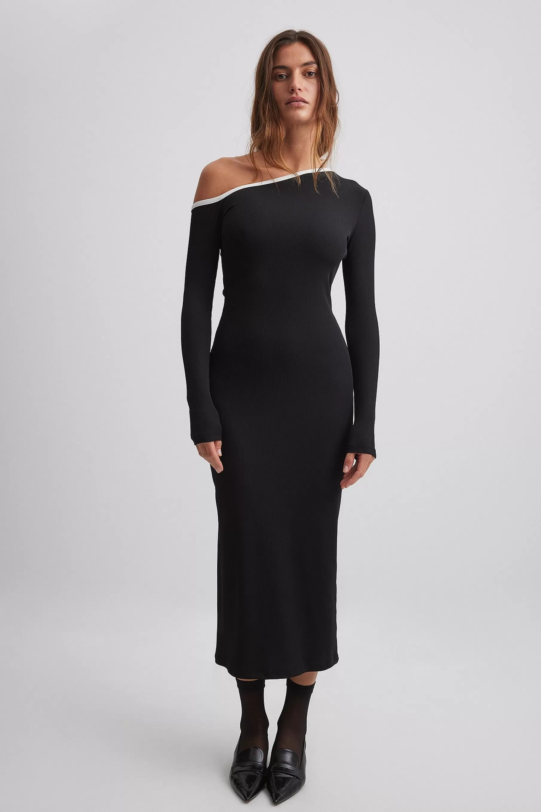 NA-KD Asymmetric Ribbed Midi Dress Black