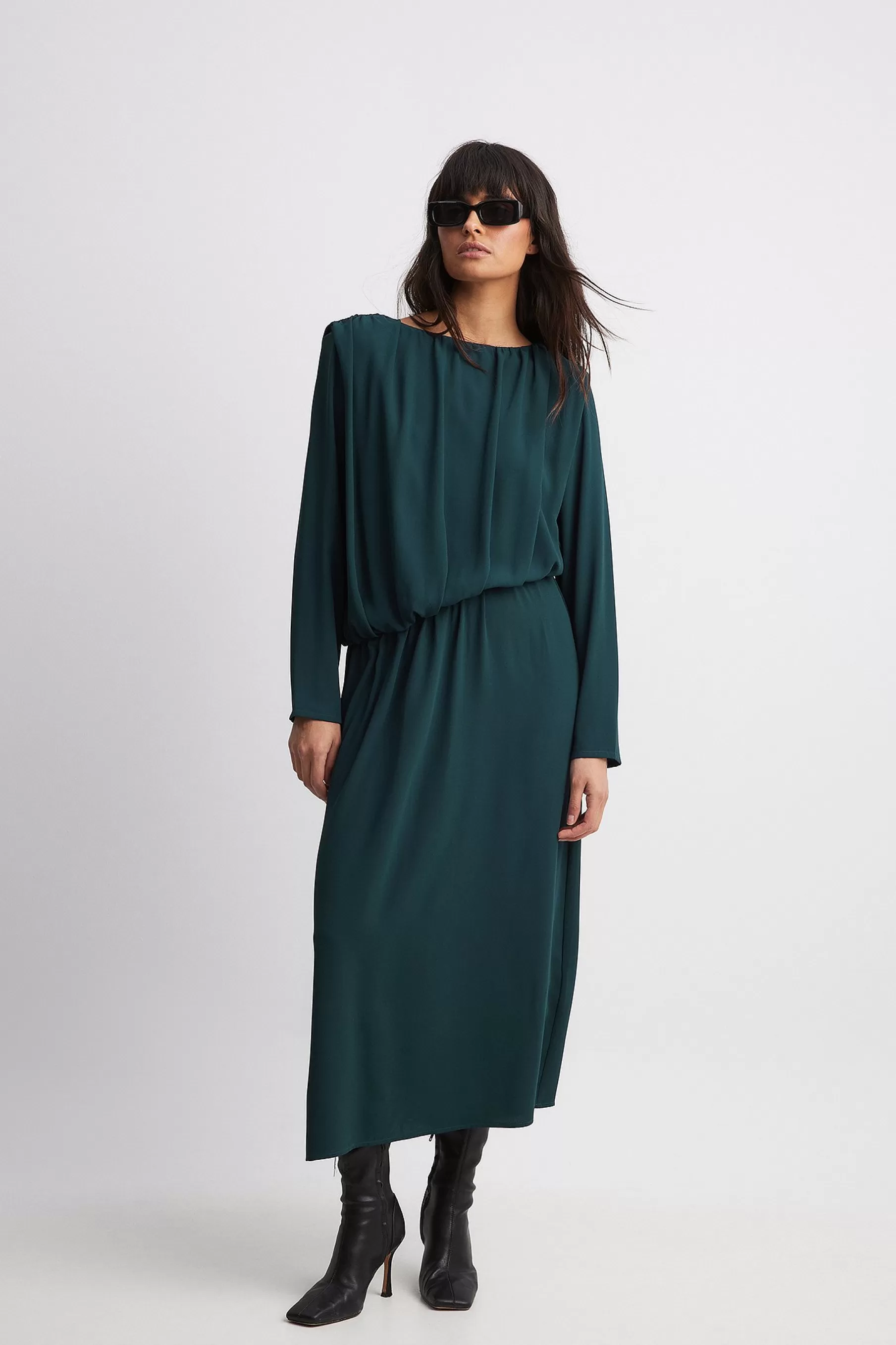 NA-KD Asymmetric Waist Draped Midi Dress Green