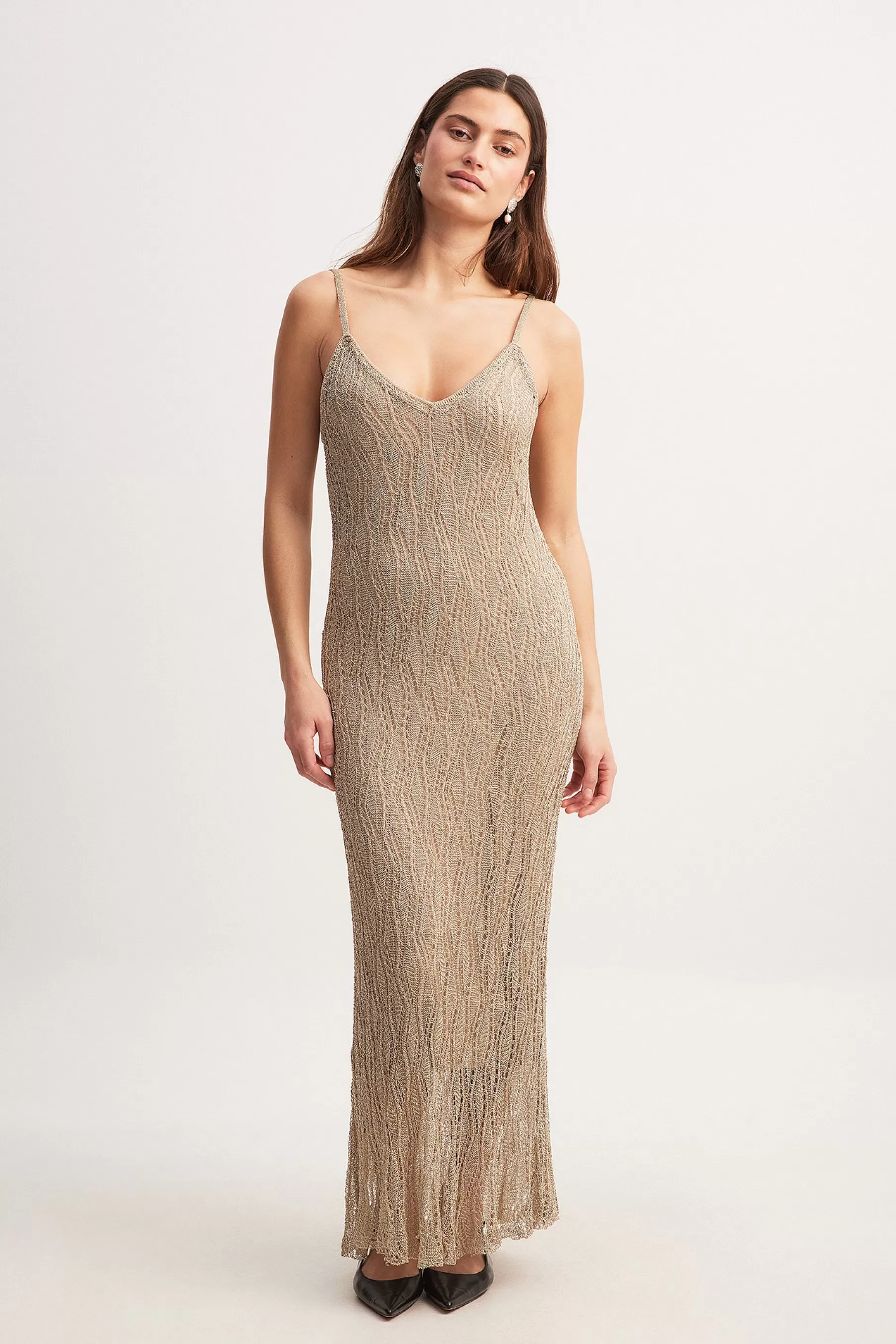 NA-KD Back Detail Knitted Midi Dress Gold