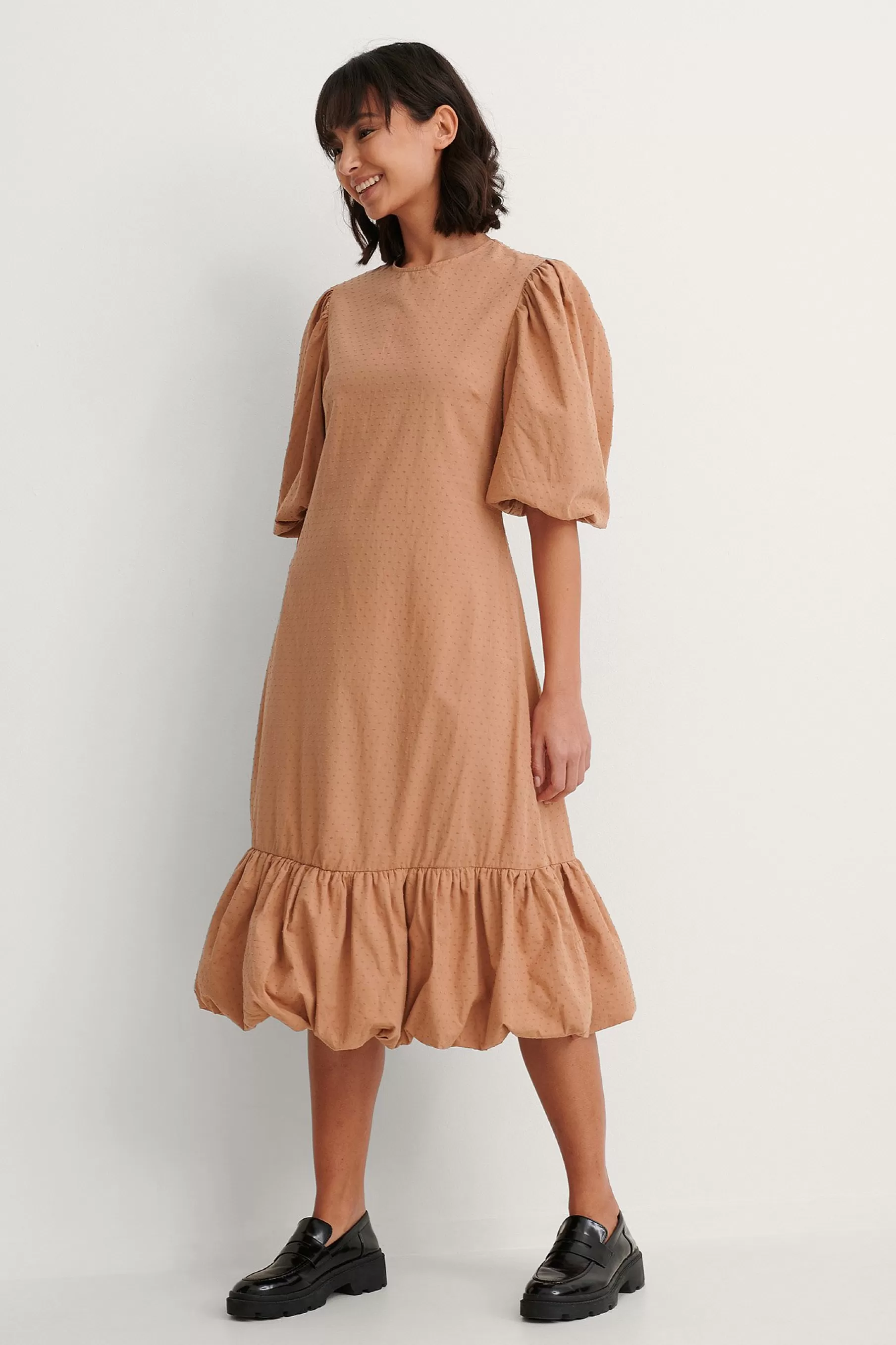 NA-KD Back Detail Volume Sleeve Dress Brown