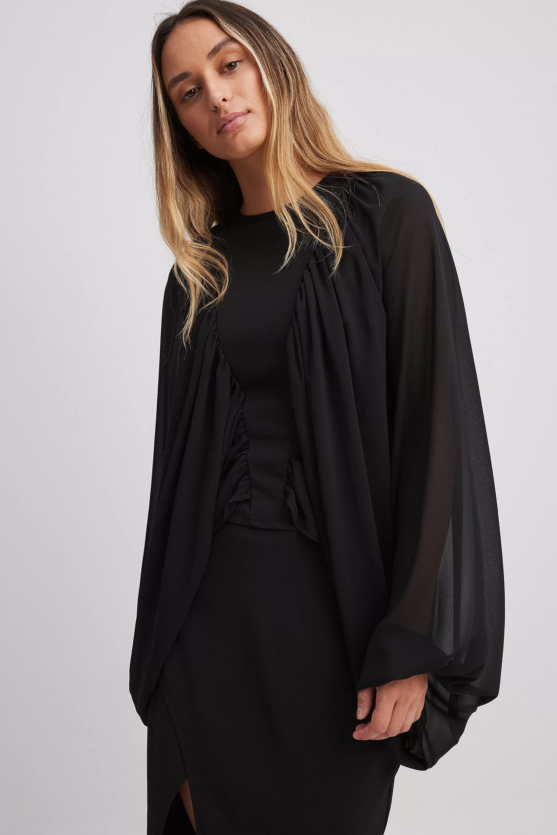 NA-KD Balloon Sleeve Chiffon Blouse Black