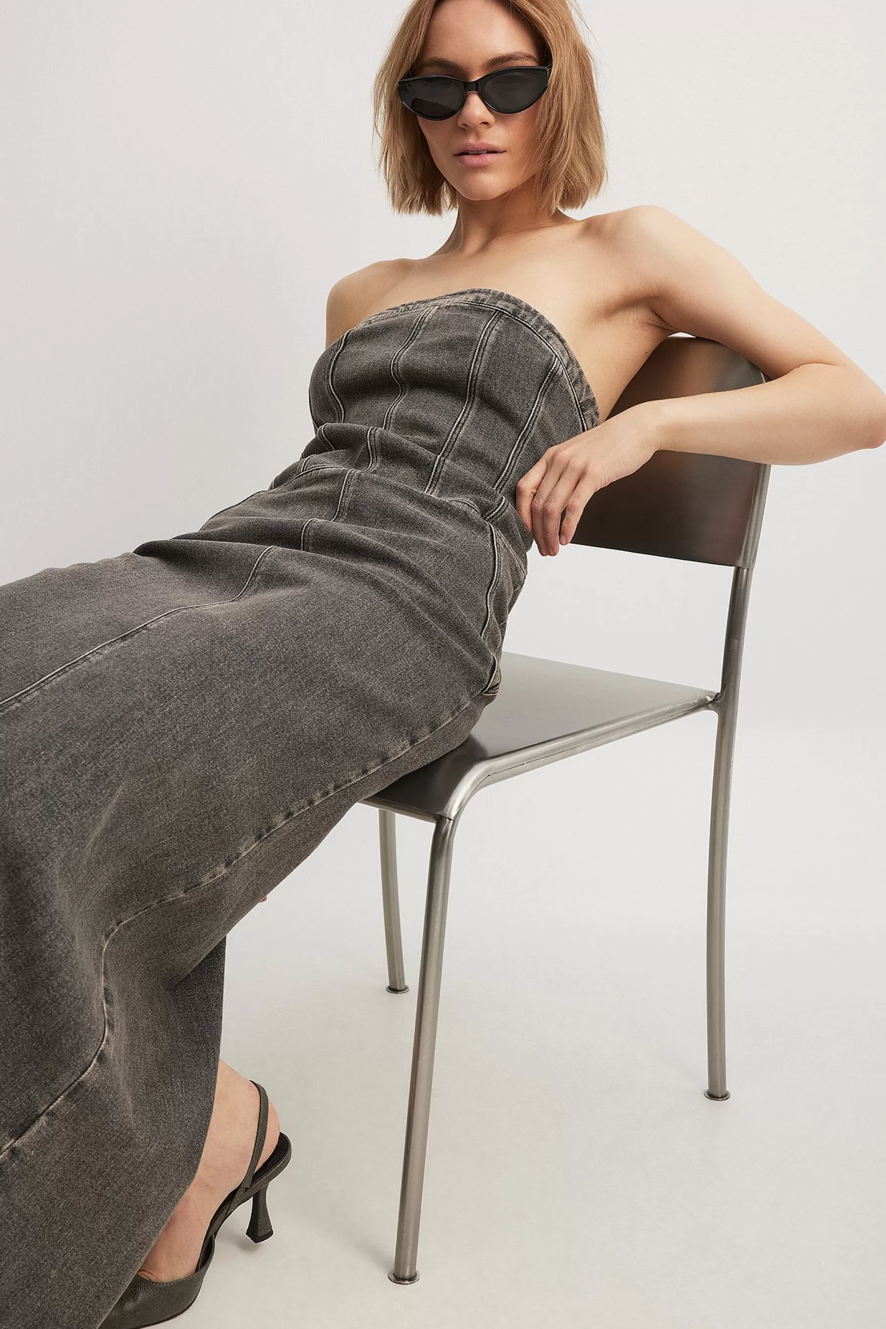 NA-KD Bandeau Maxi Denim Dress Grey