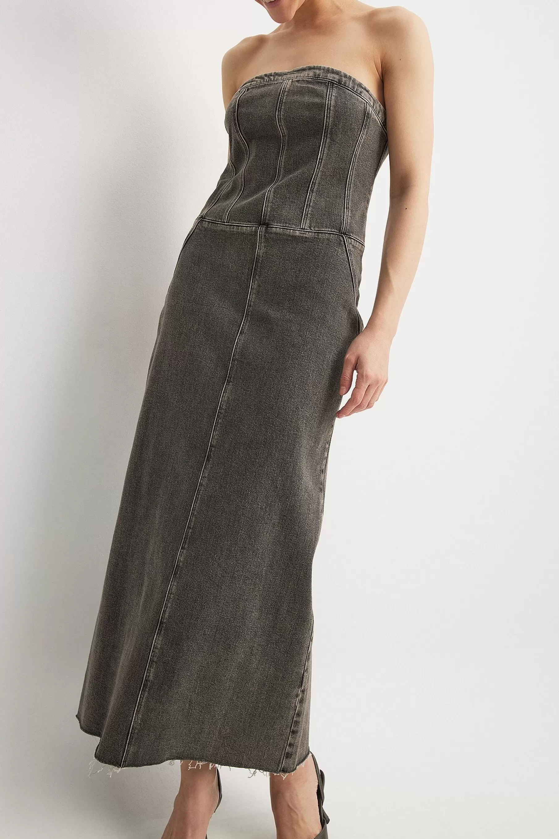 NA-KD Bandeau Maxi Denim Dress Grey