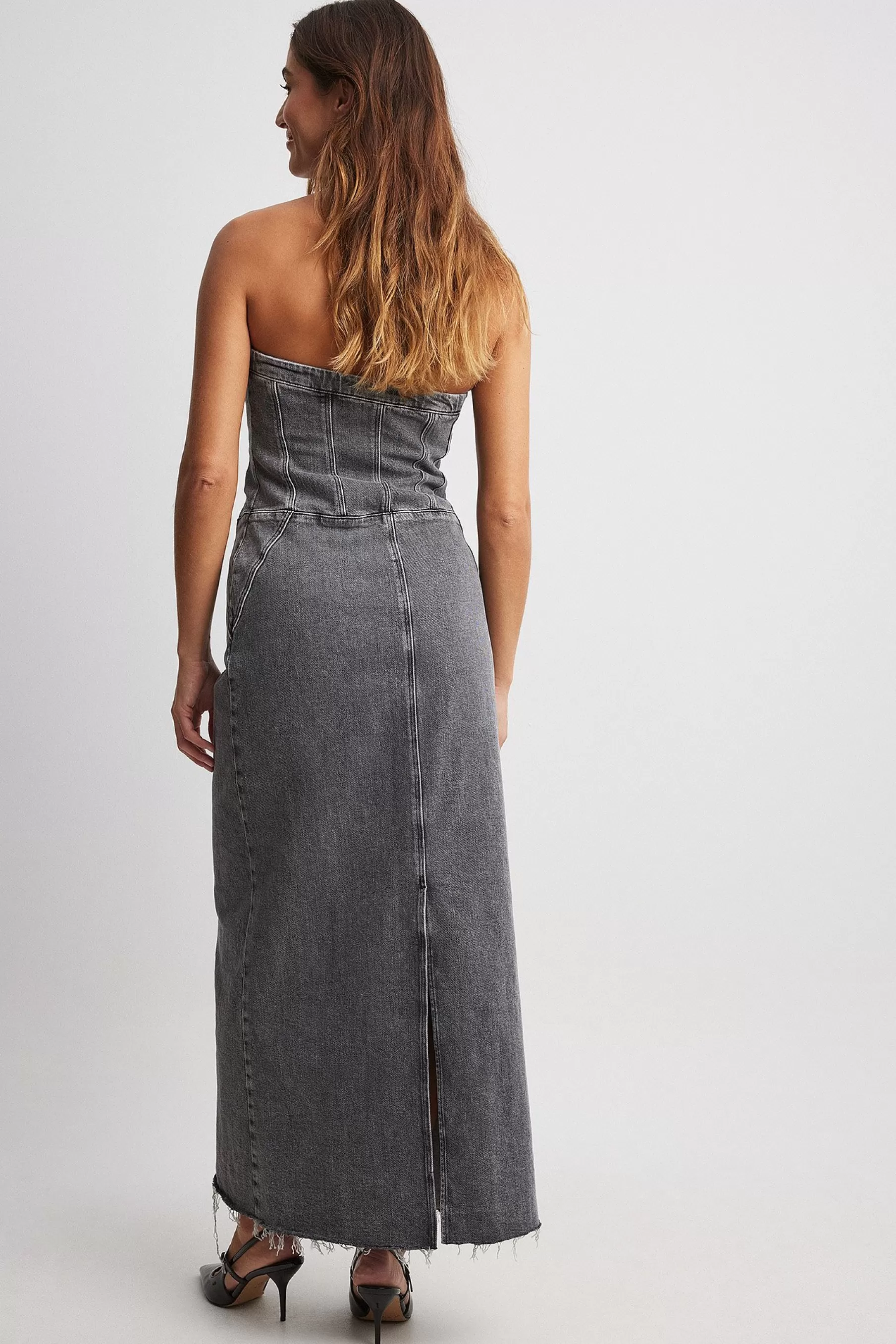 NA-KD Bandeau Maxi Denim Dress Grey