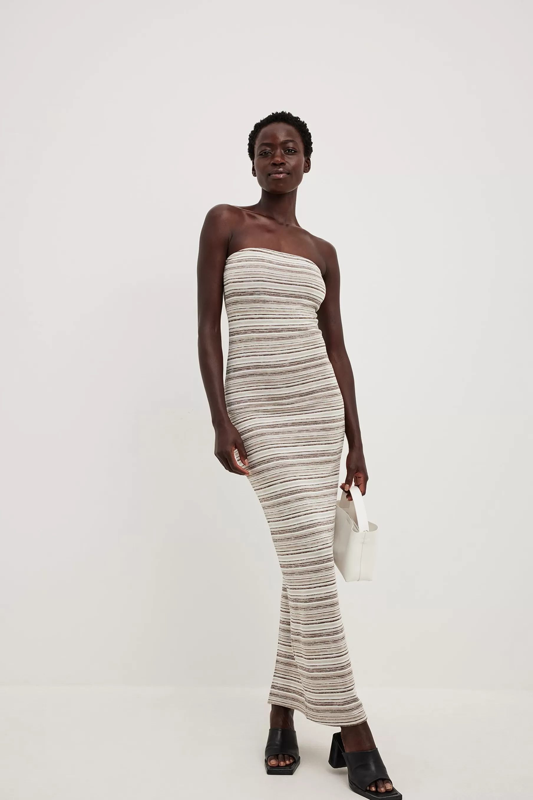 NA-KD Bandeau Striped Maxi Dress Beige