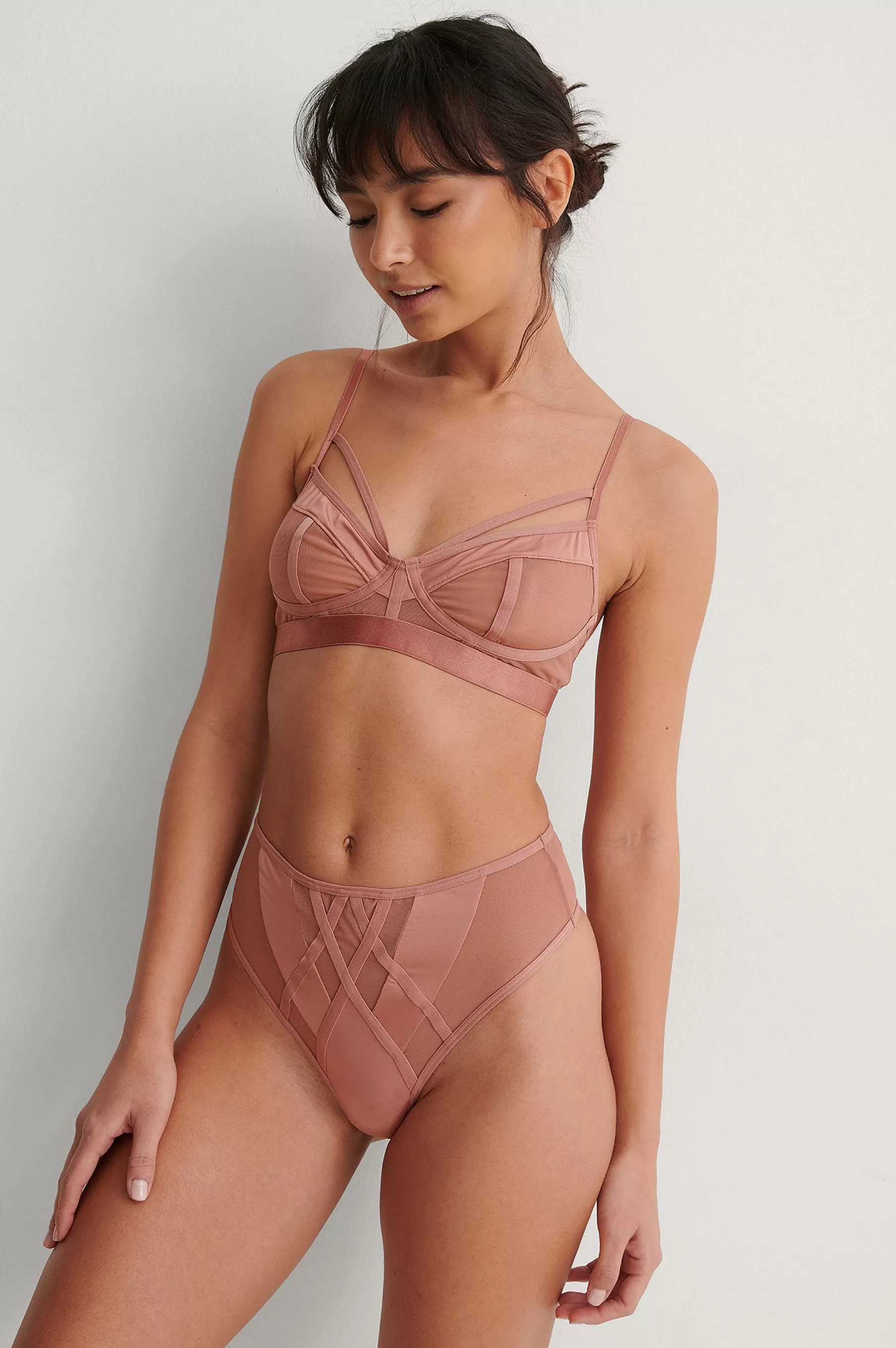 NA-KD Banded Mesh Highwaist V-String Pink