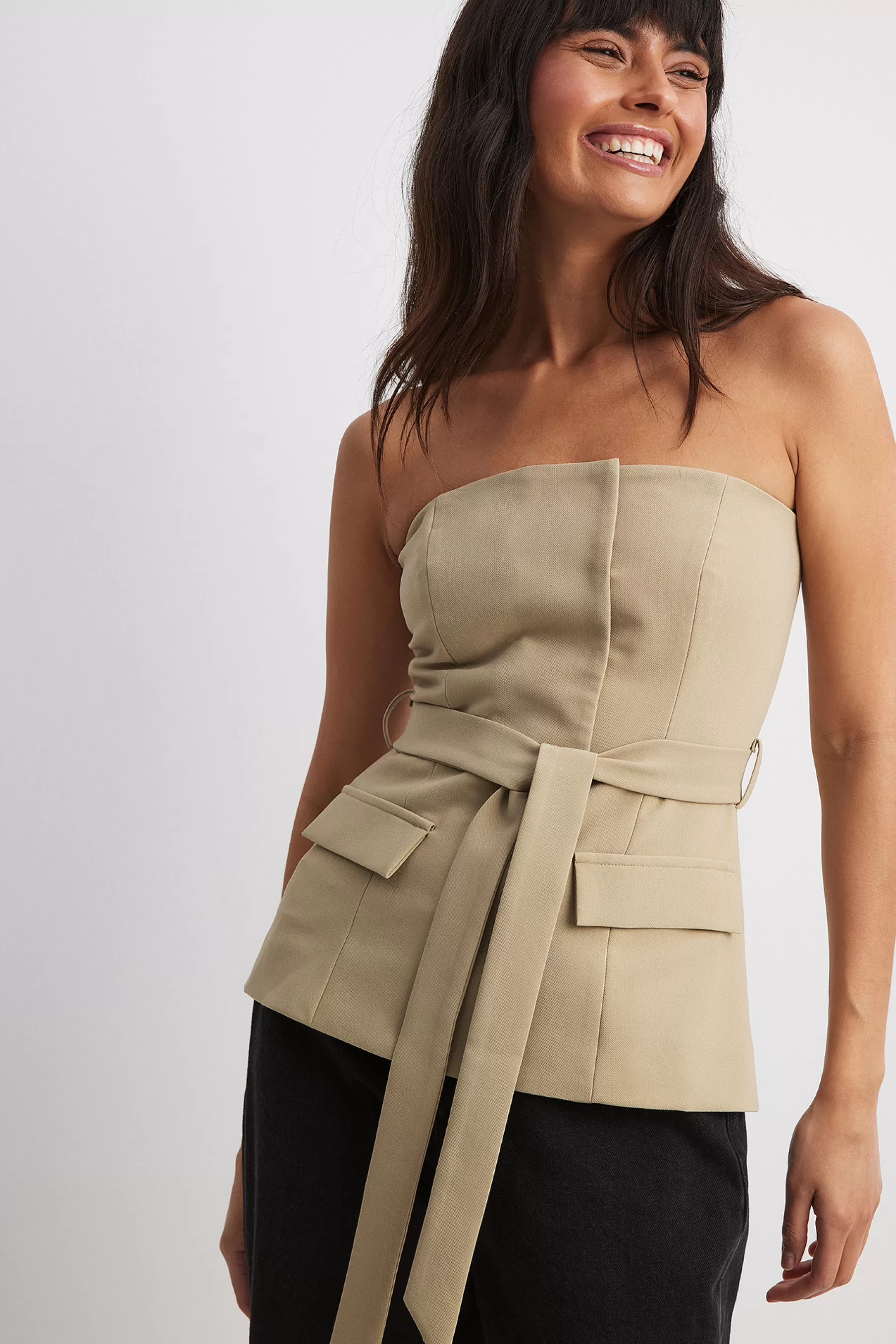 NA-KD Belted Big Pocket Suit Top Beige