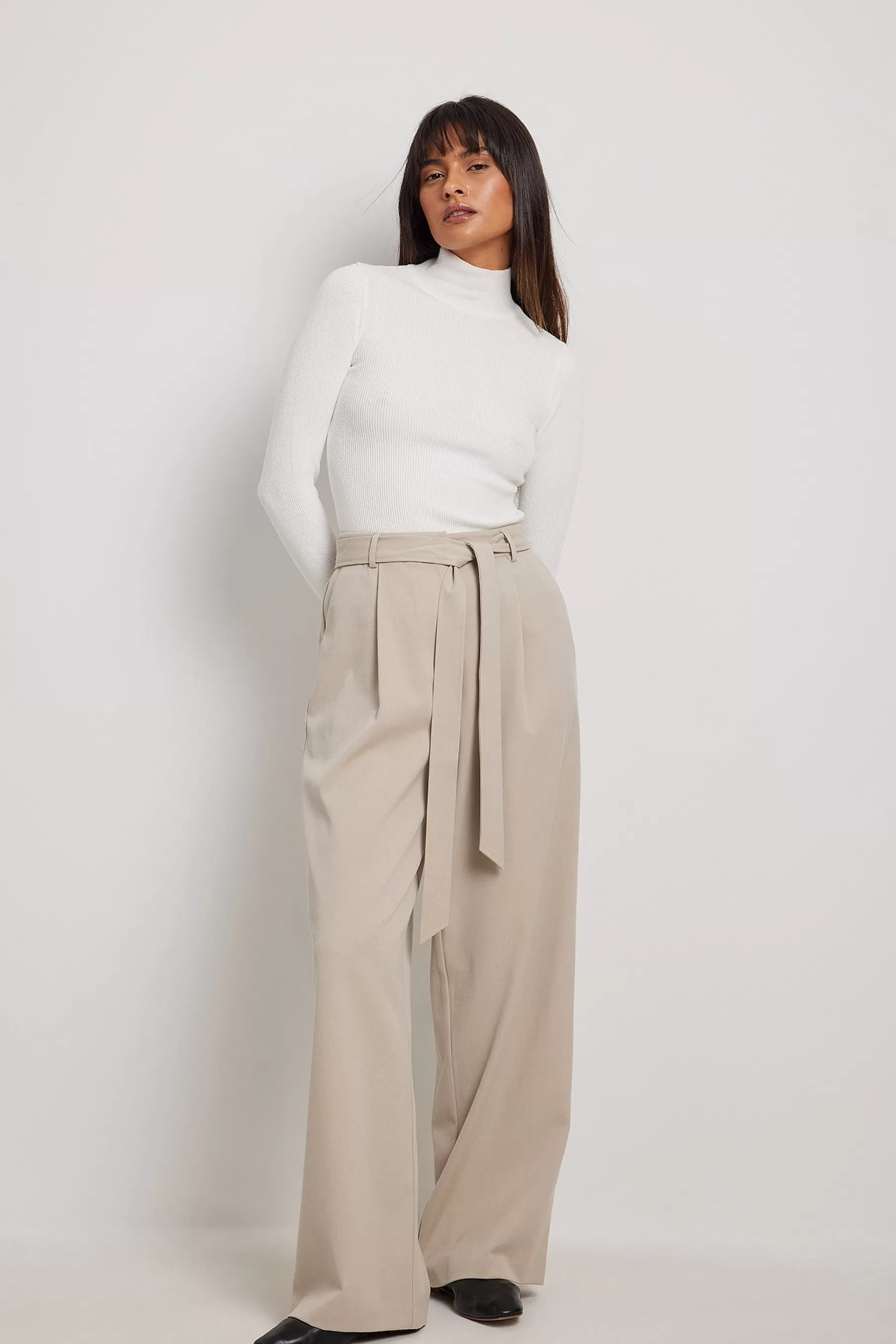 NA-KD Belted High Waist Wide Leg Suit Pants Beige