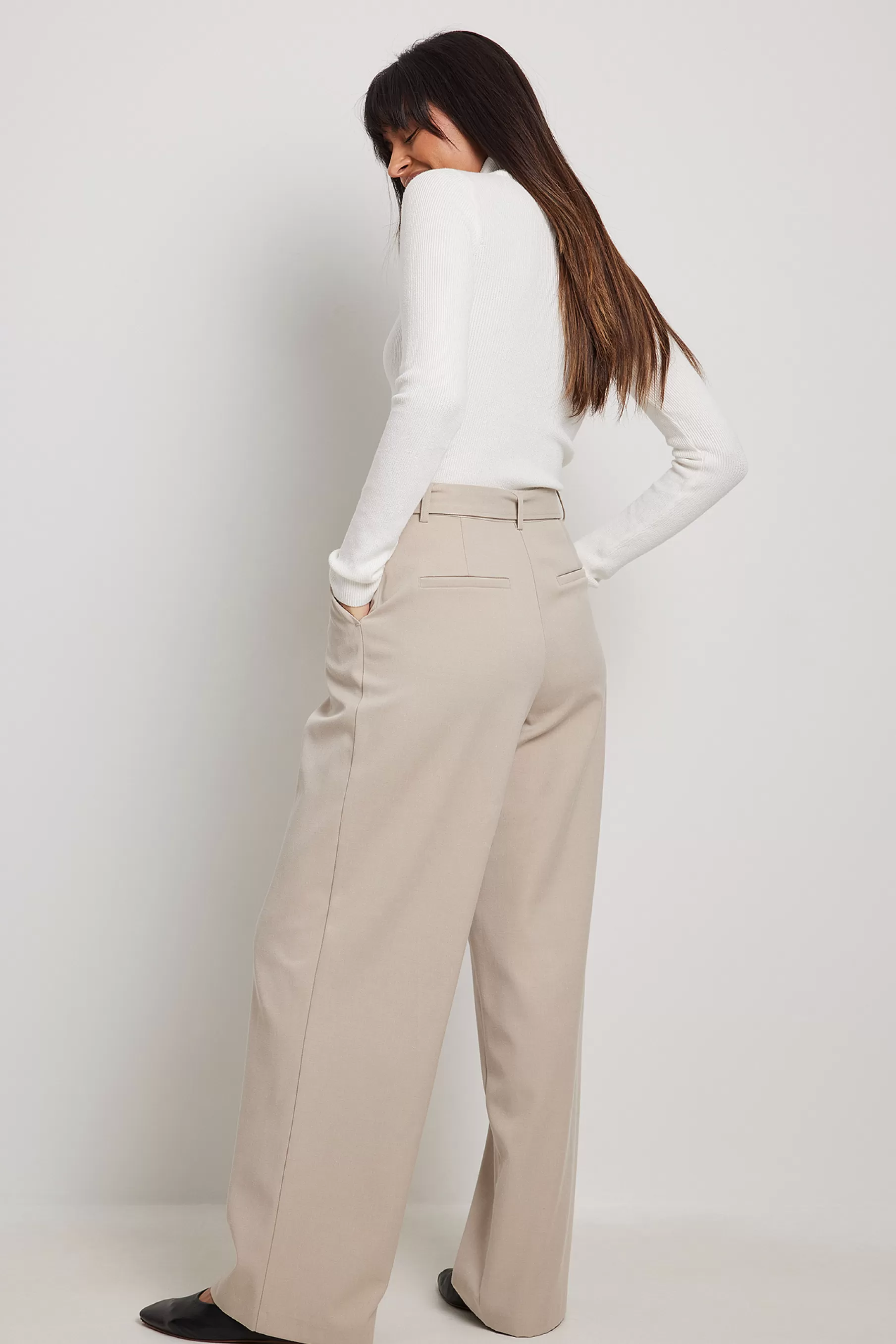 NA-KD Belted High Waist Wide Leg Suit Pants Beige