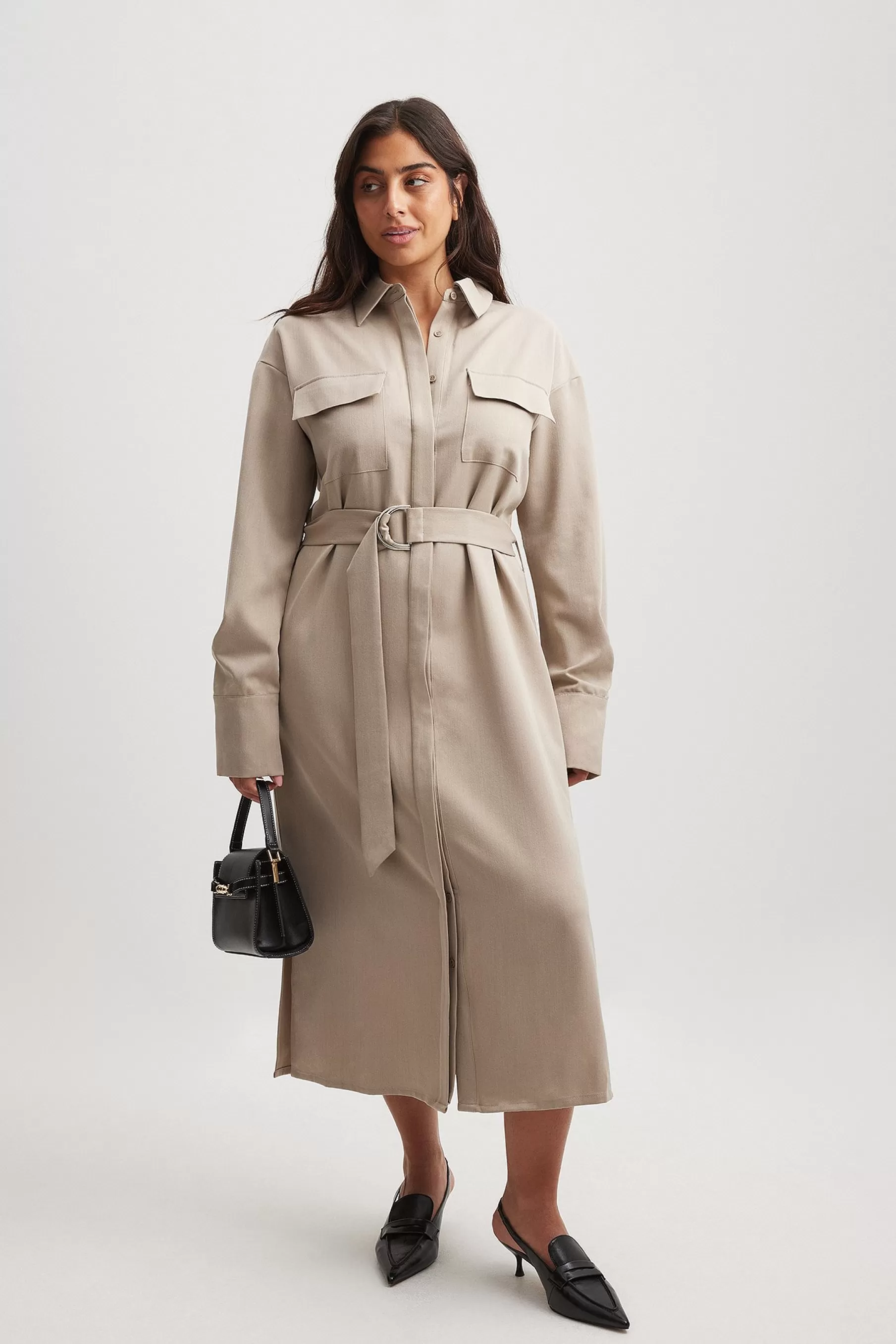 NA-KD Belted Midi Shirt Dress Brown