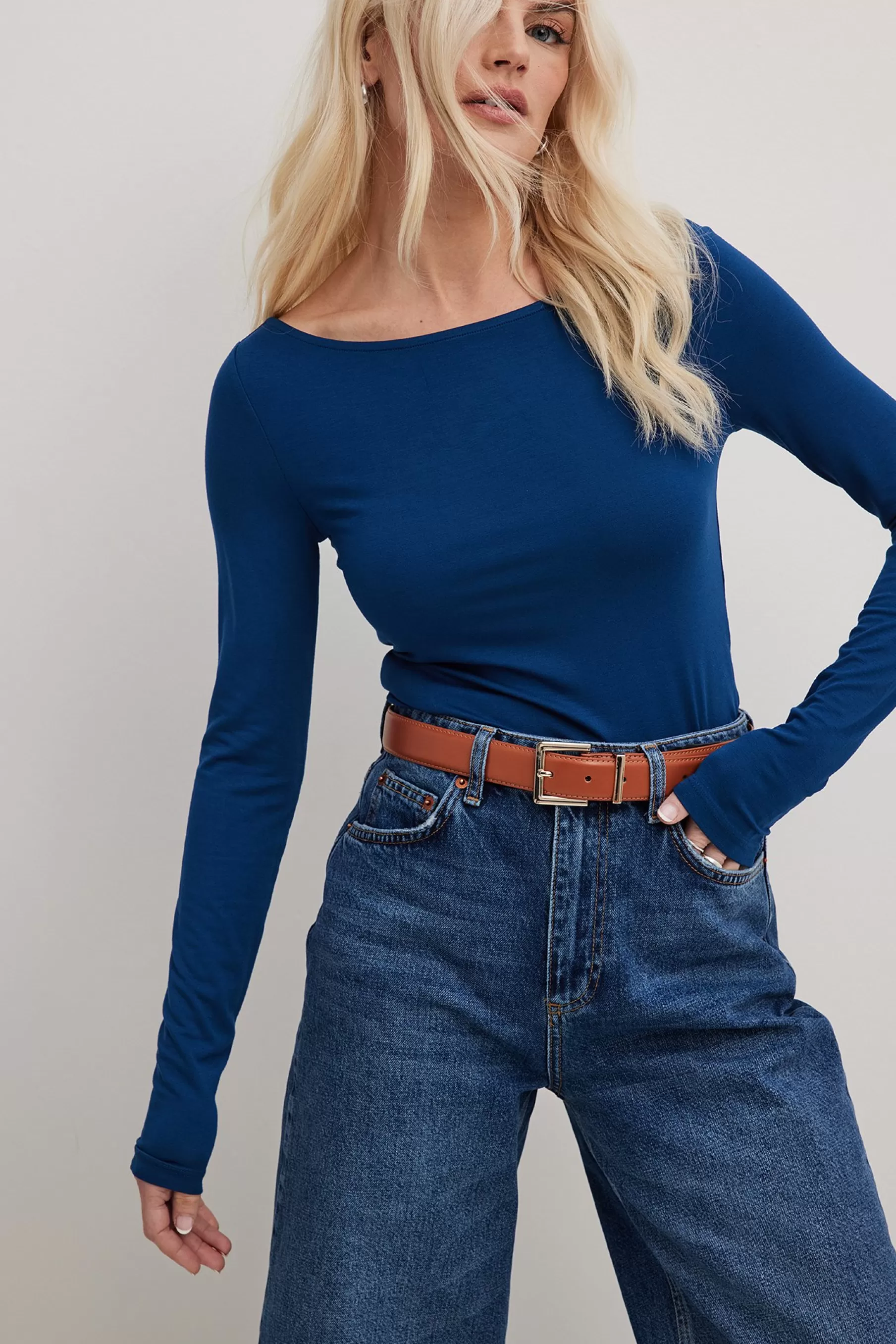 NA-KD Boat Neck Long Sleeve Top Blue