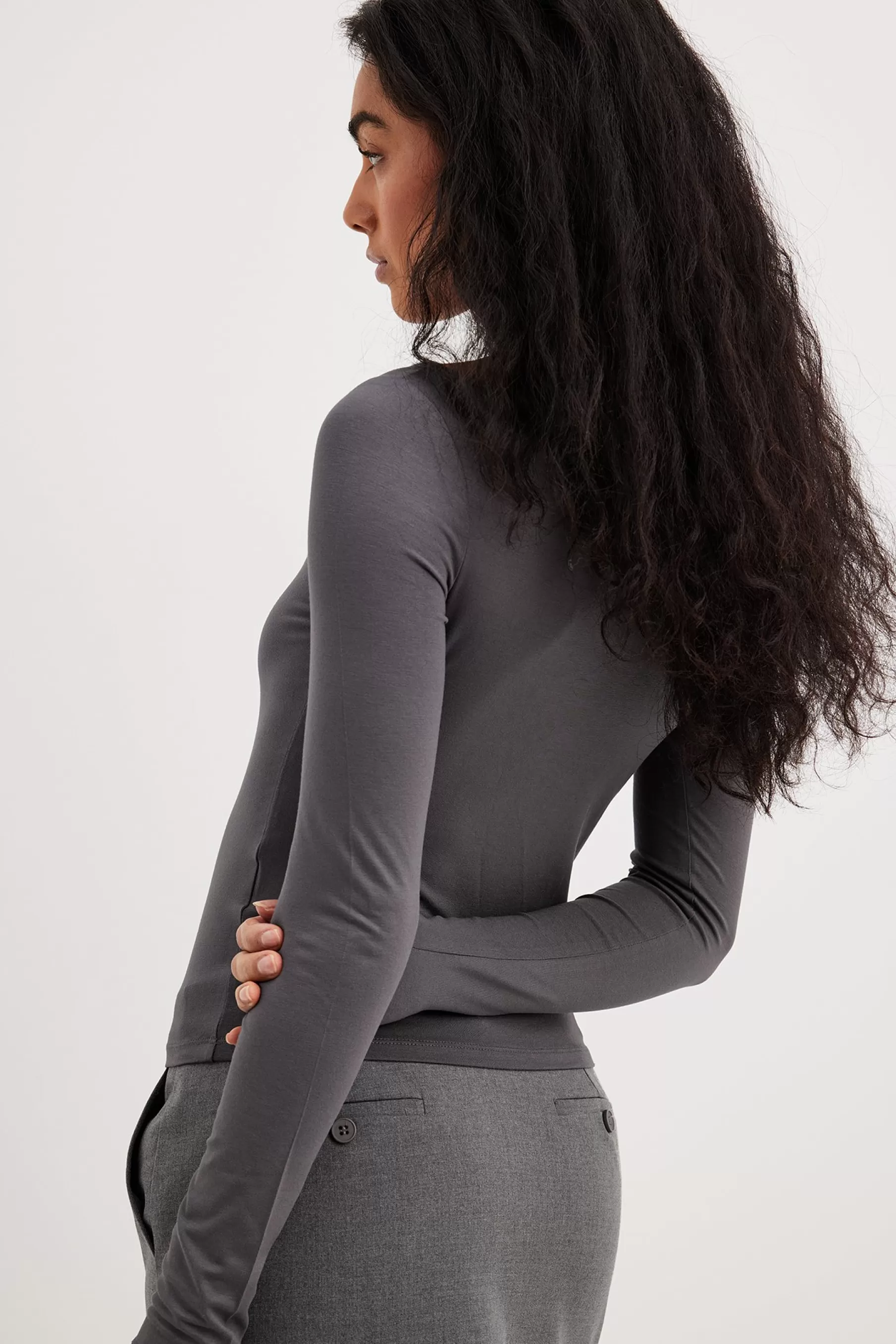 NA-KD Boat Neck Long Sleeve Top Grey