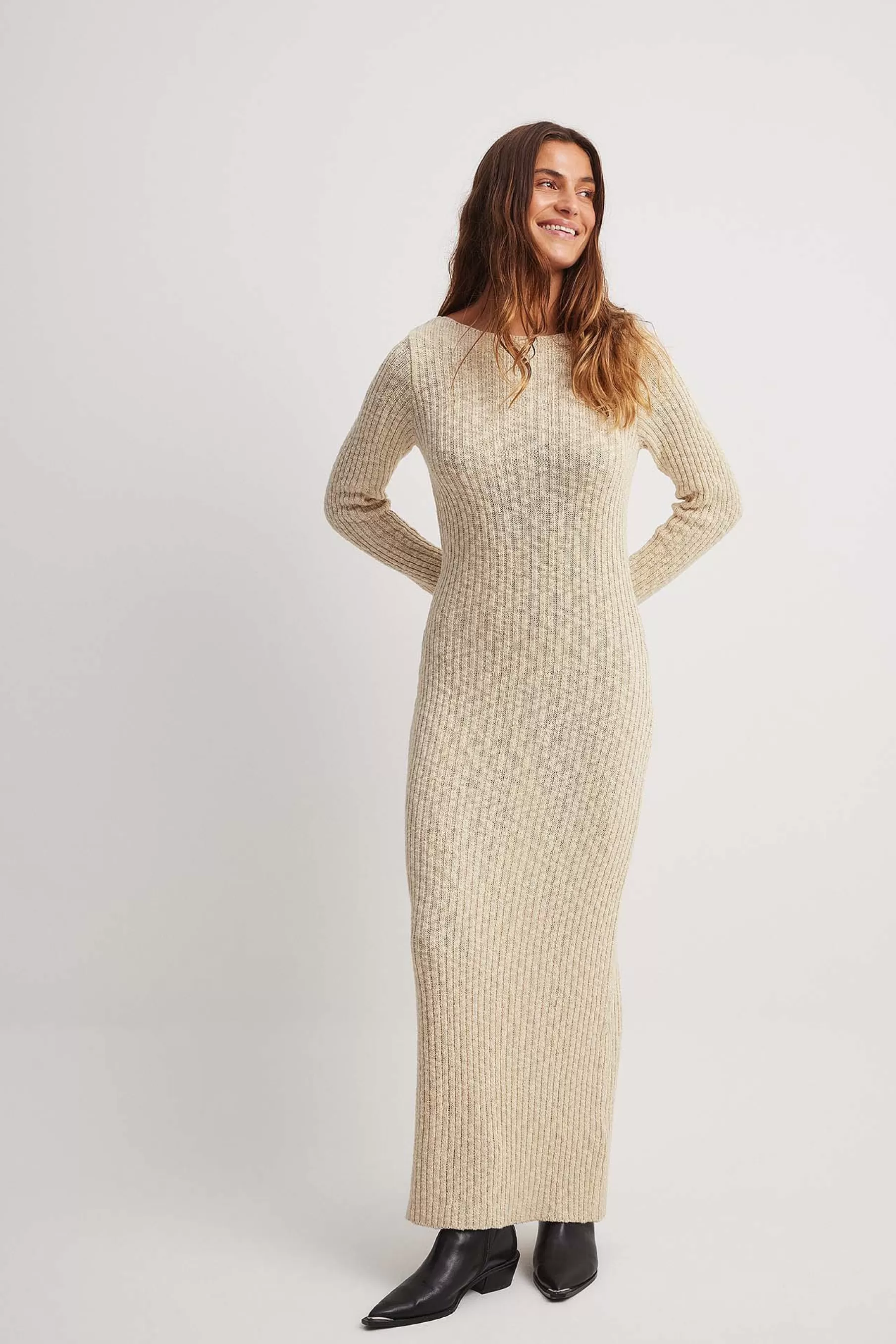 NA-KD Boat Neck Maxi Knitted Dress Beige