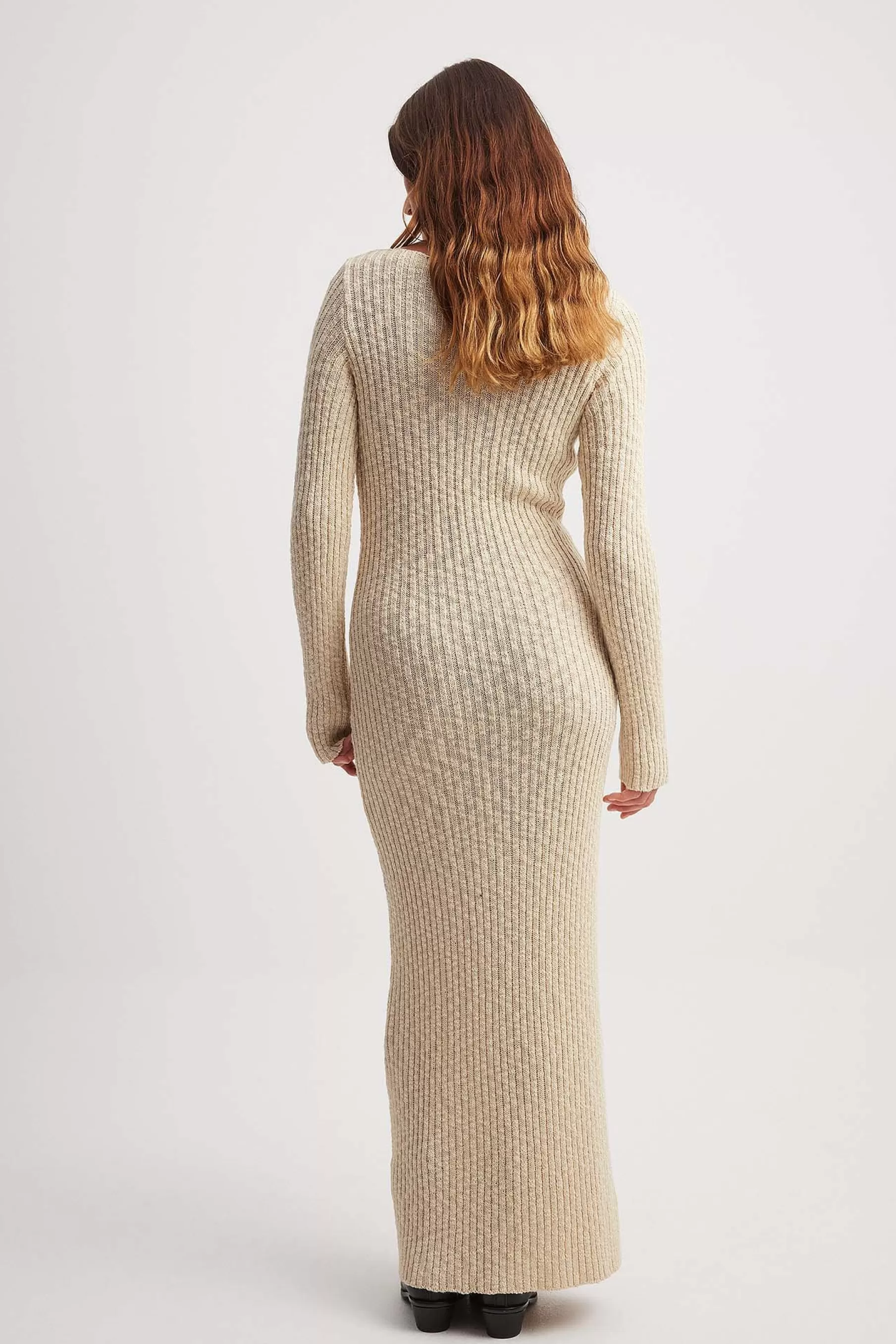 NA-KD Boat Neck Maxi Knitted Dress Beige