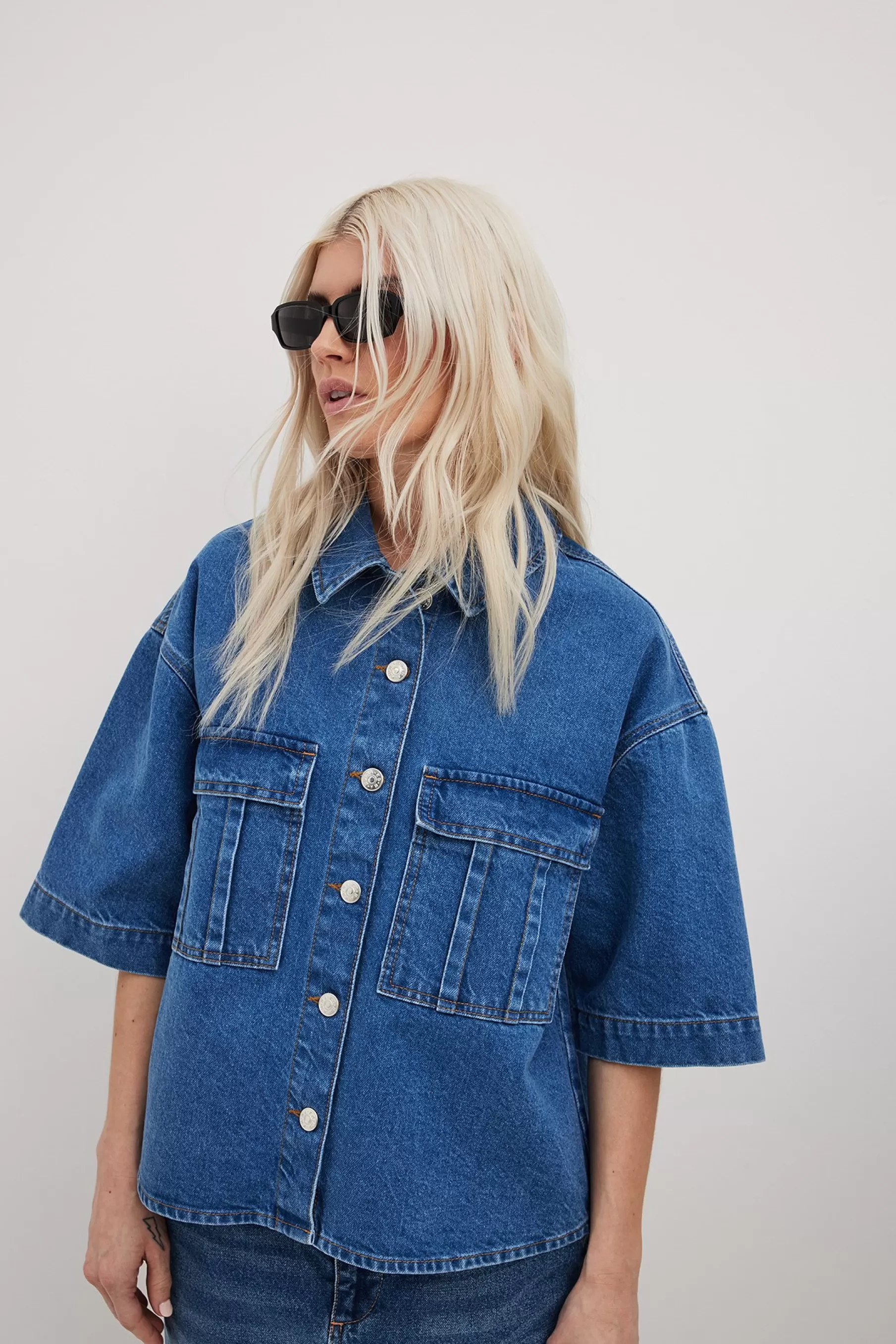 NA-KD Boxy Denim Shirt Blue