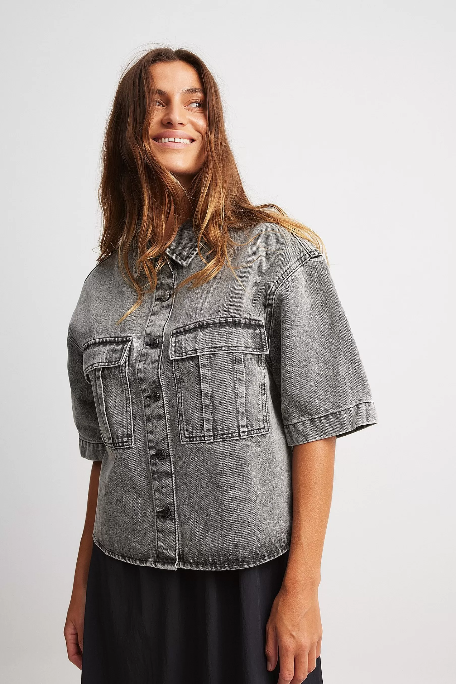 NA-KD Boxy Denim Shirt Grey