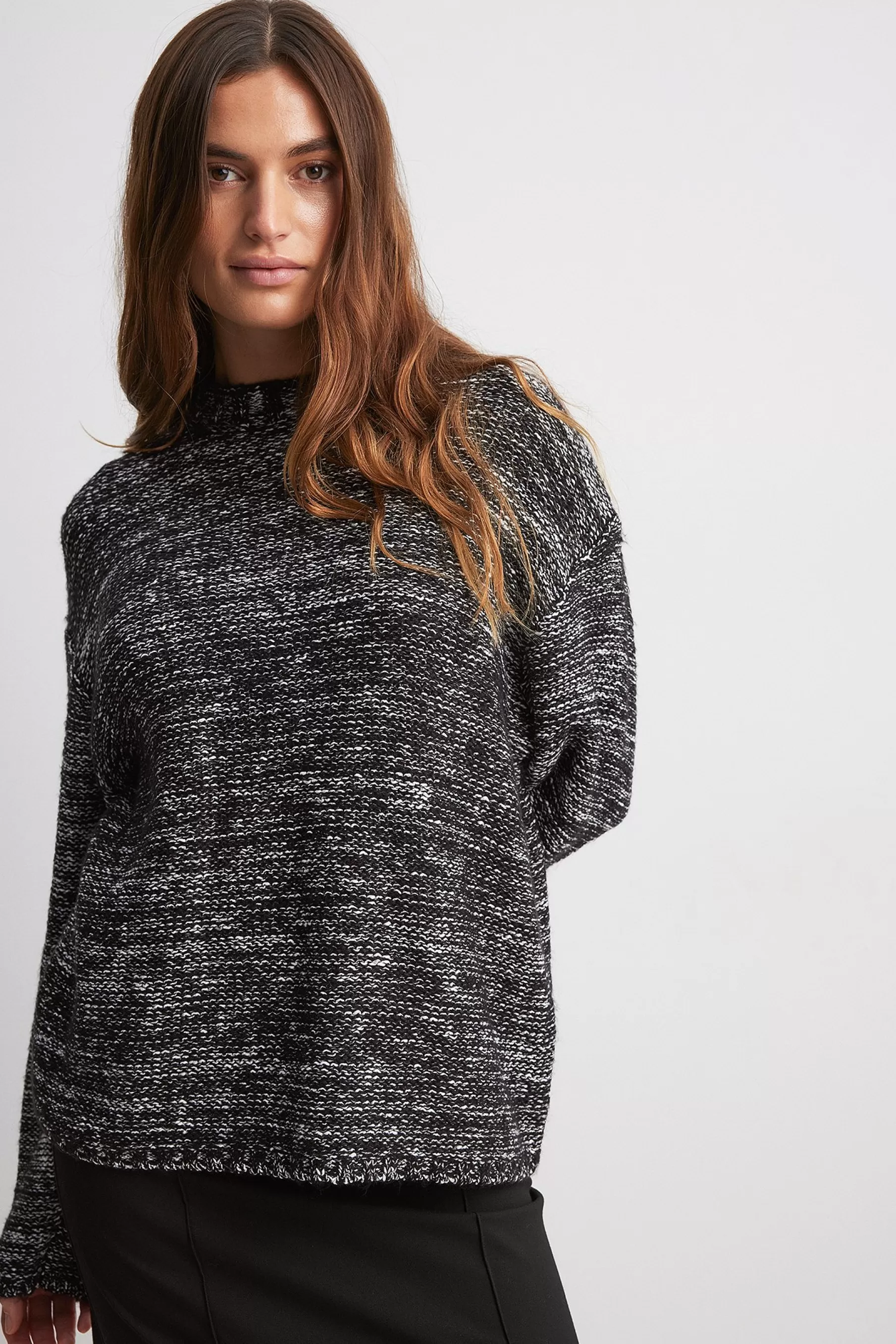 NA-KD Boxy Knitted Melange Sweater Black