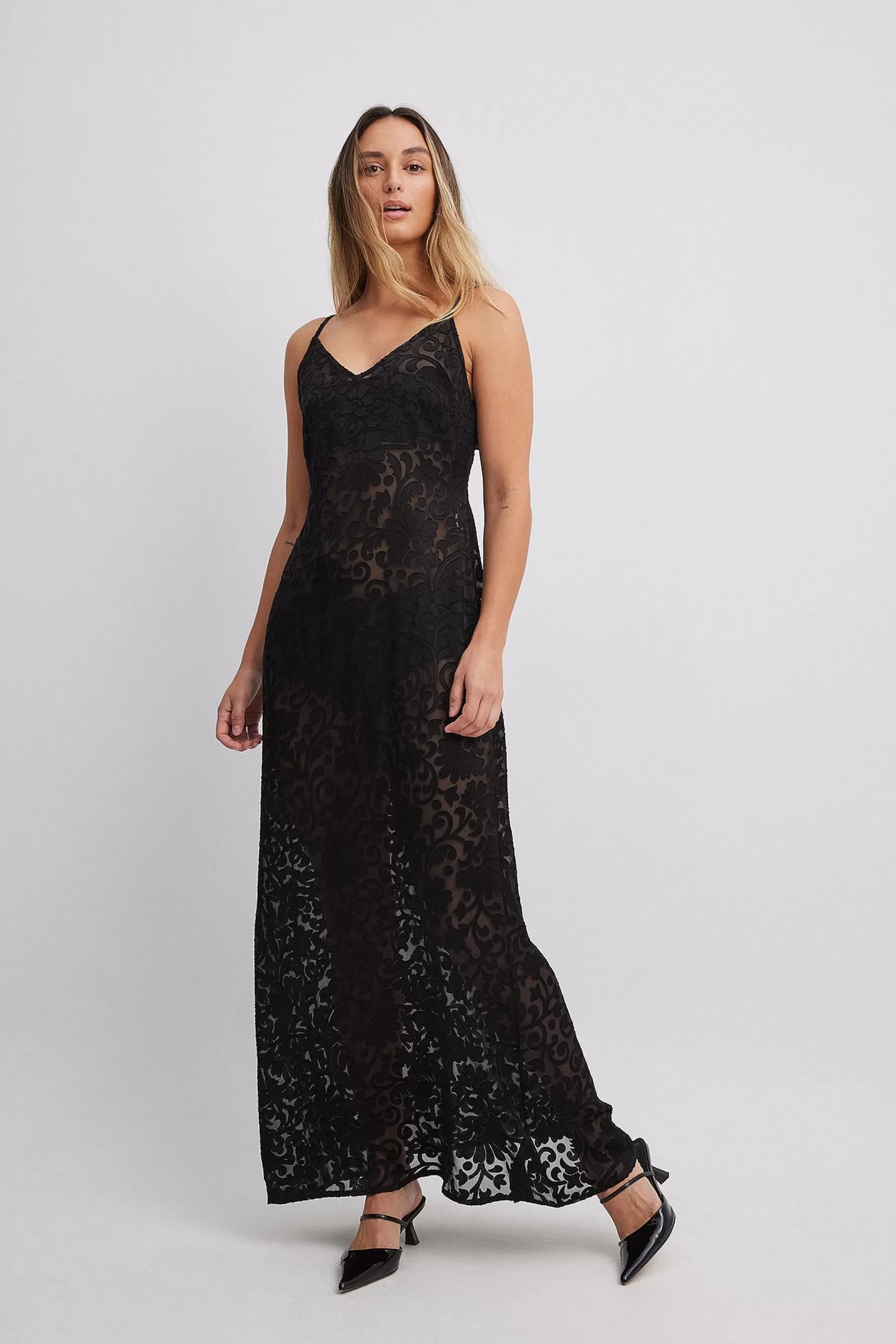 NA-KD Burn Out Velvet Maxi Slip Dress Black