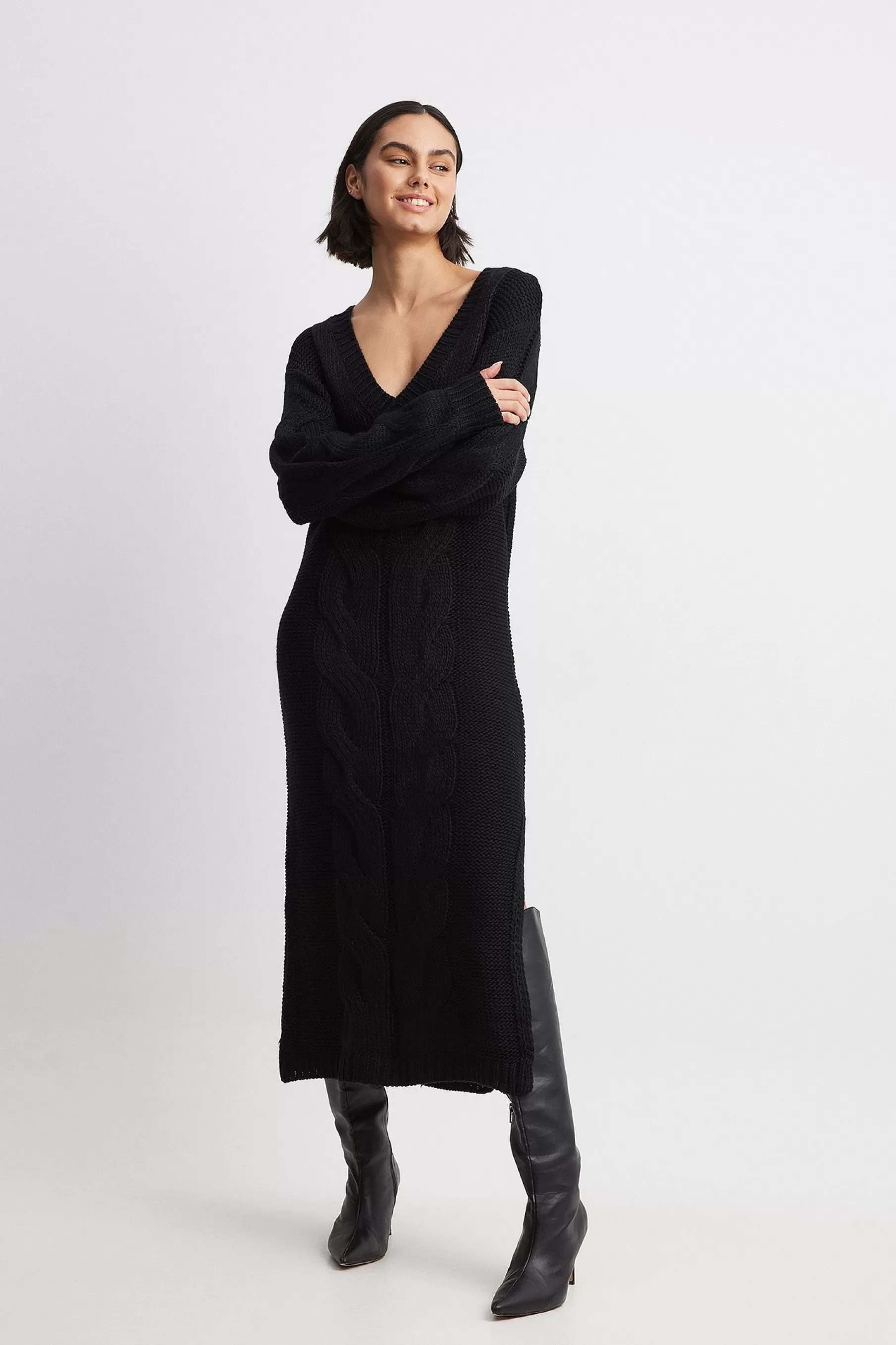 NA-KD Cable Knit Midi Dress Black