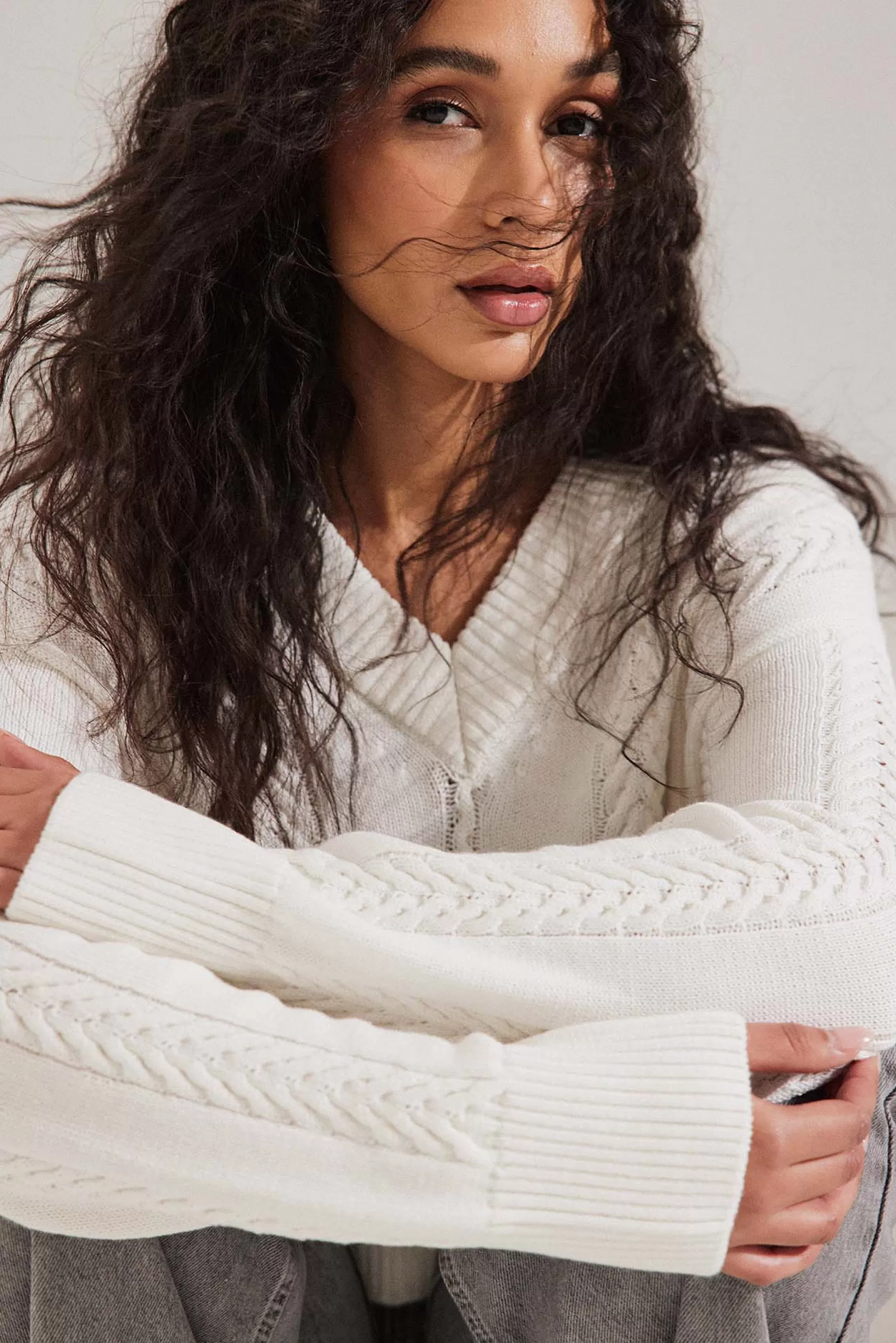 NA-KD Cable Knitted Oversized Collar Sweater Offwhite