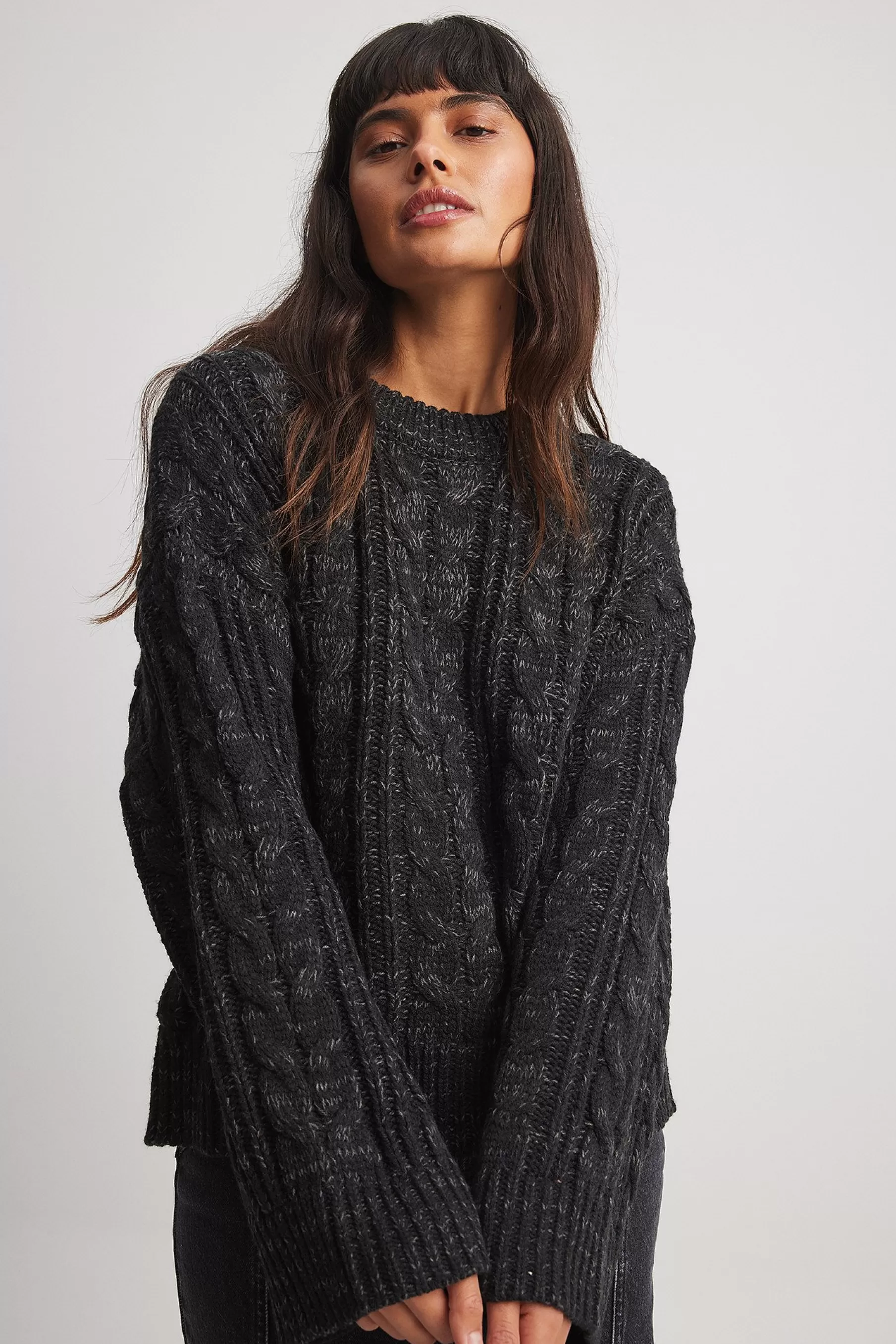 NA-KD Cable Knitted Oversized Sweater Black