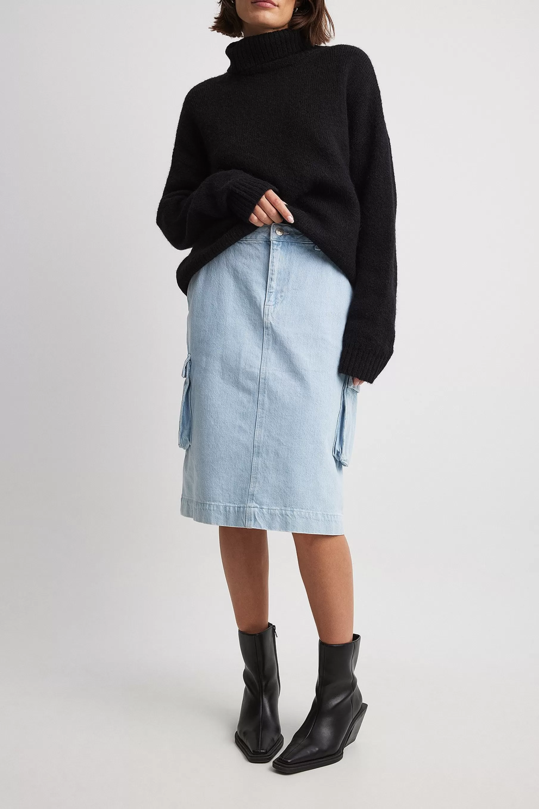 NA-KD Cargo Detail Midi Denim Skirt Blue