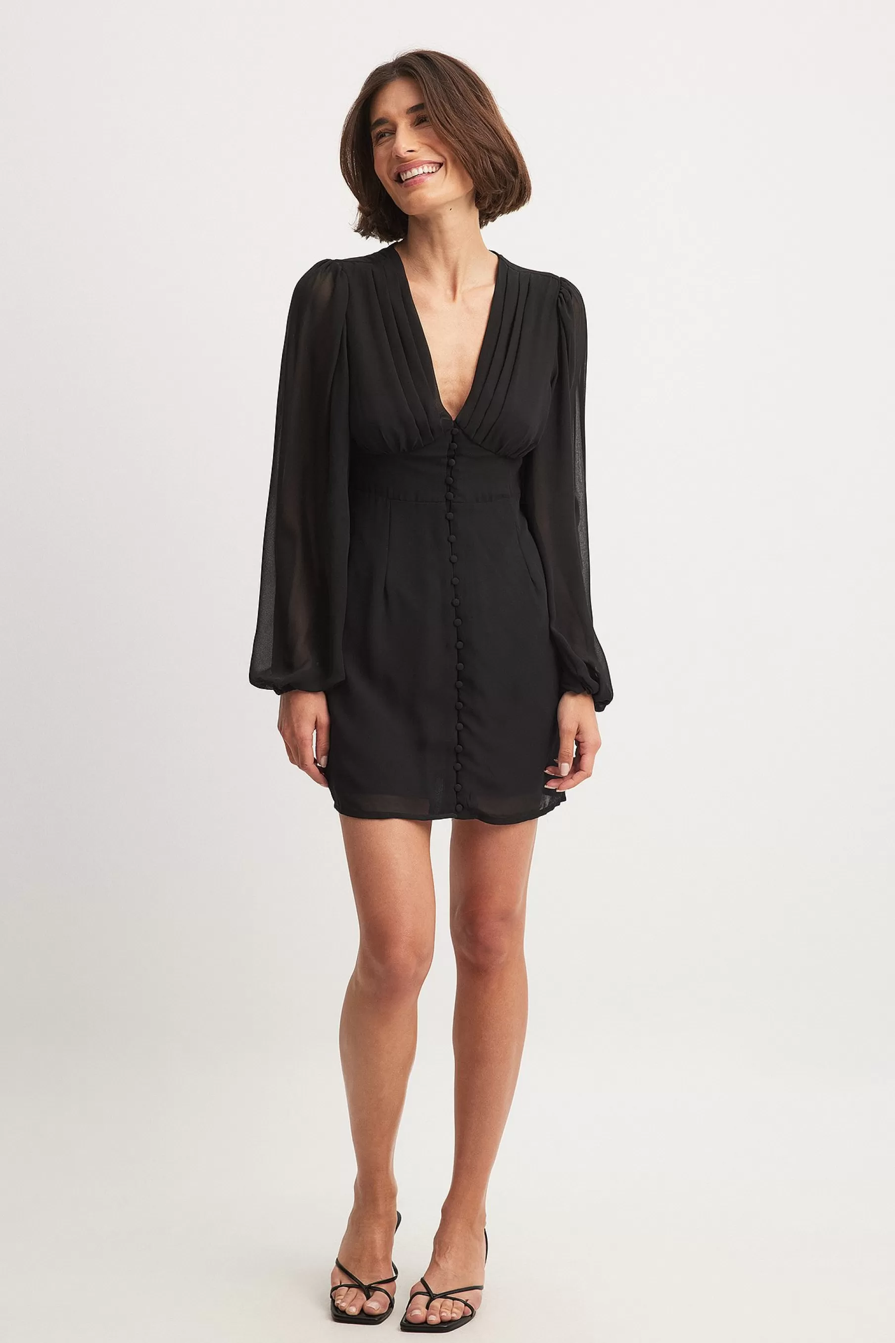 NA-KD Chiffon Button Up Mini Dress Black