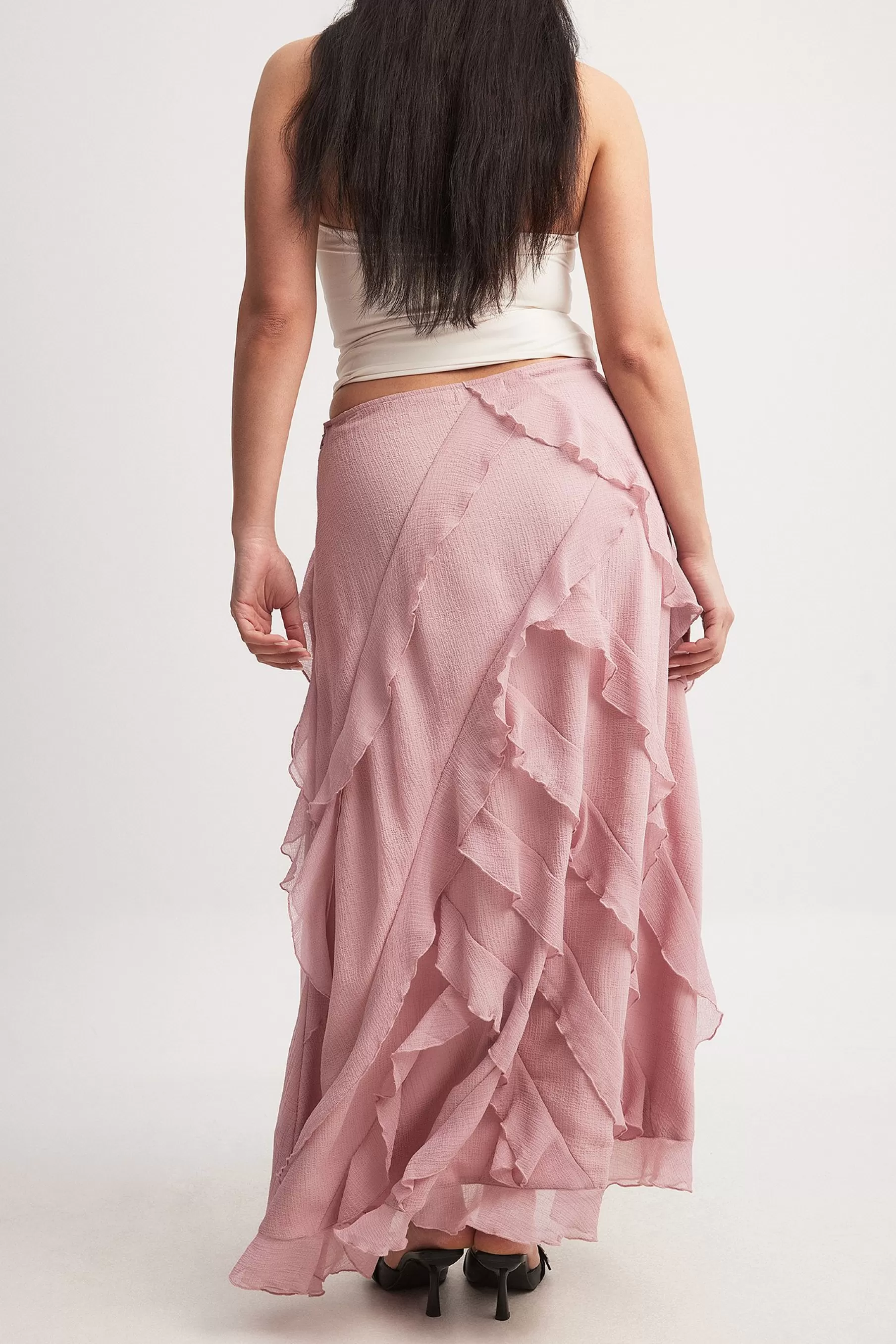 NA-KD Chiffon Frill Detail Maxi Skirt Pink