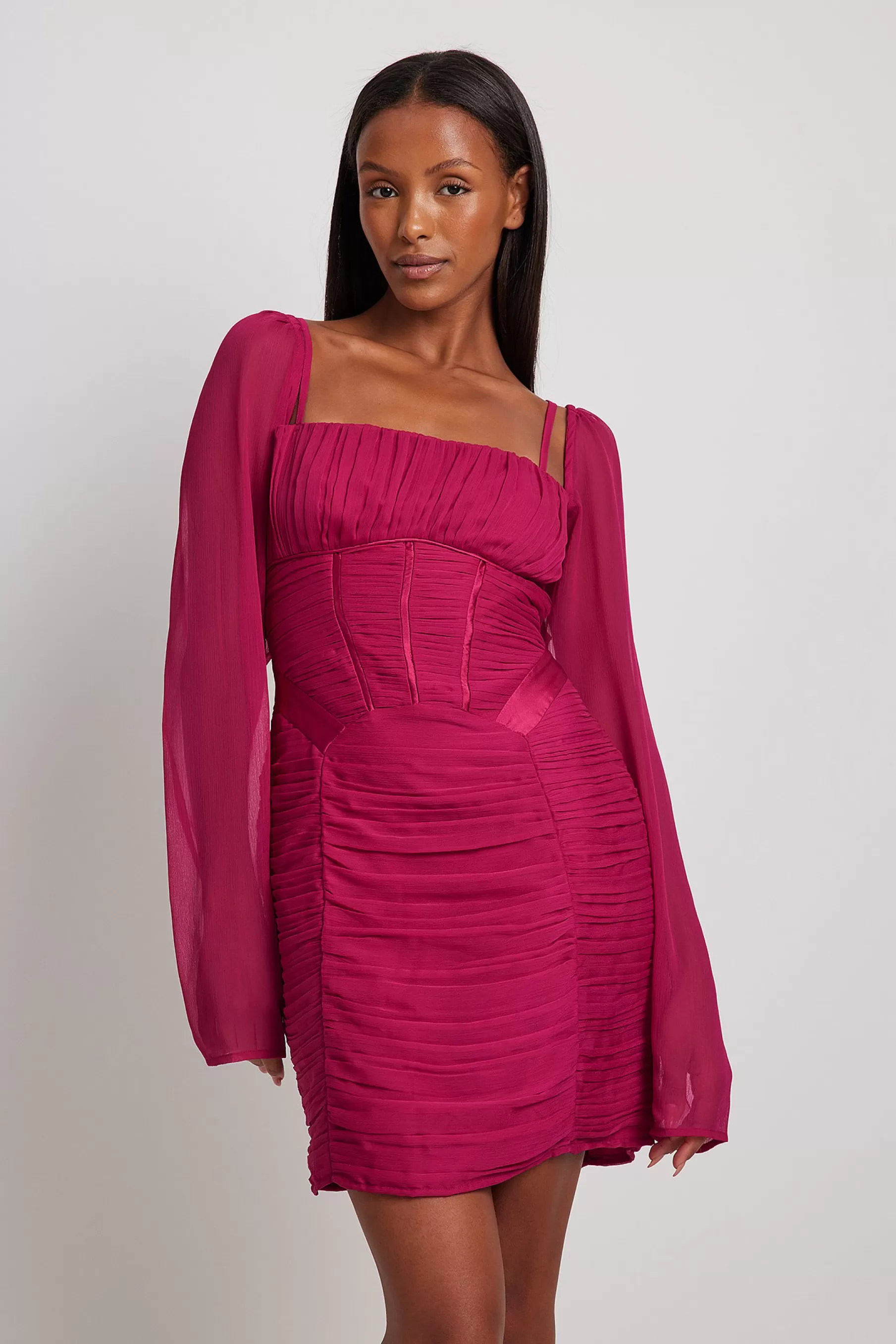 NA-KD Chiffon Gathered Details LS Mini Dress Pink