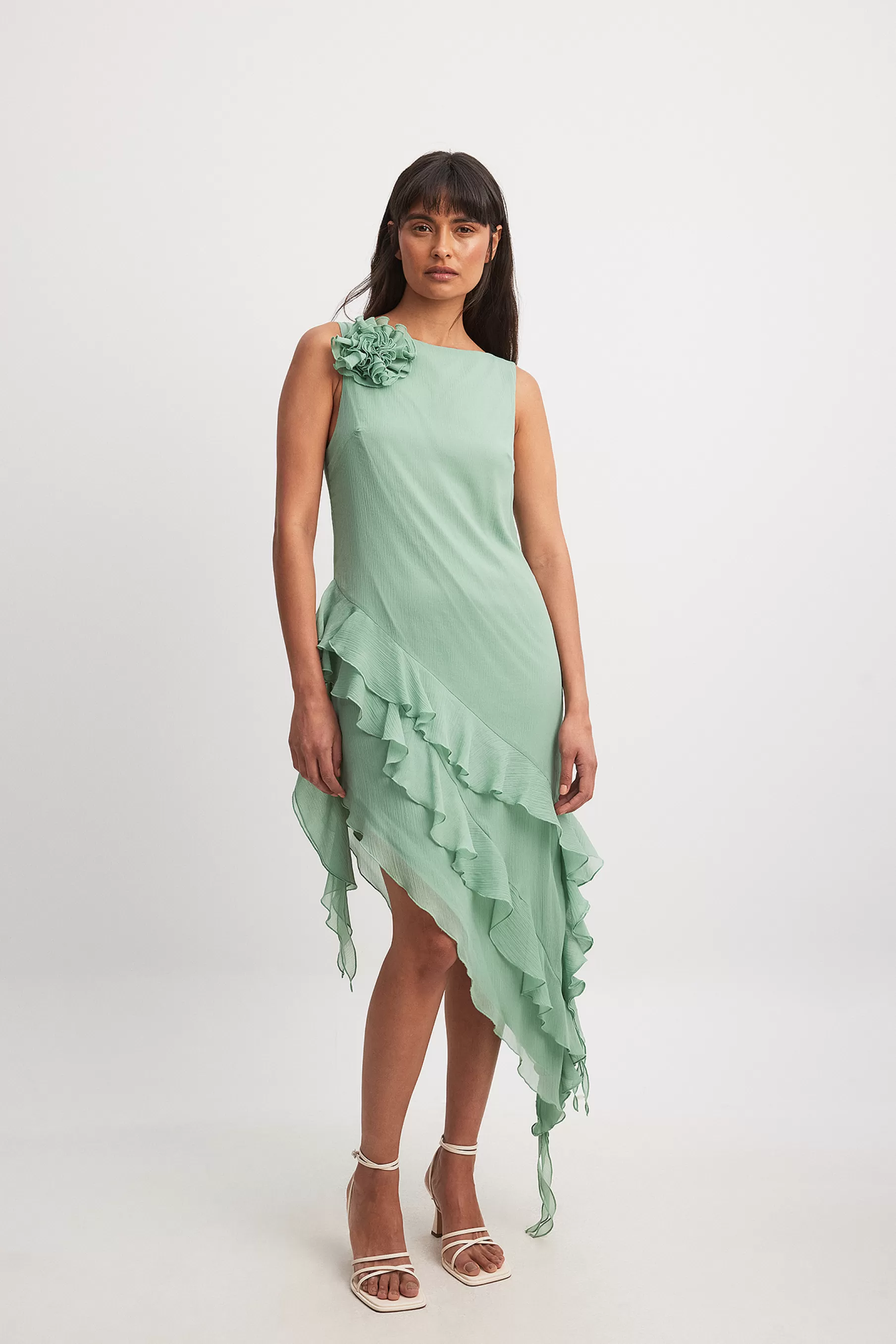 NA-KD Chiffon Ruffle Detail Asymmetric Midi Dress Green