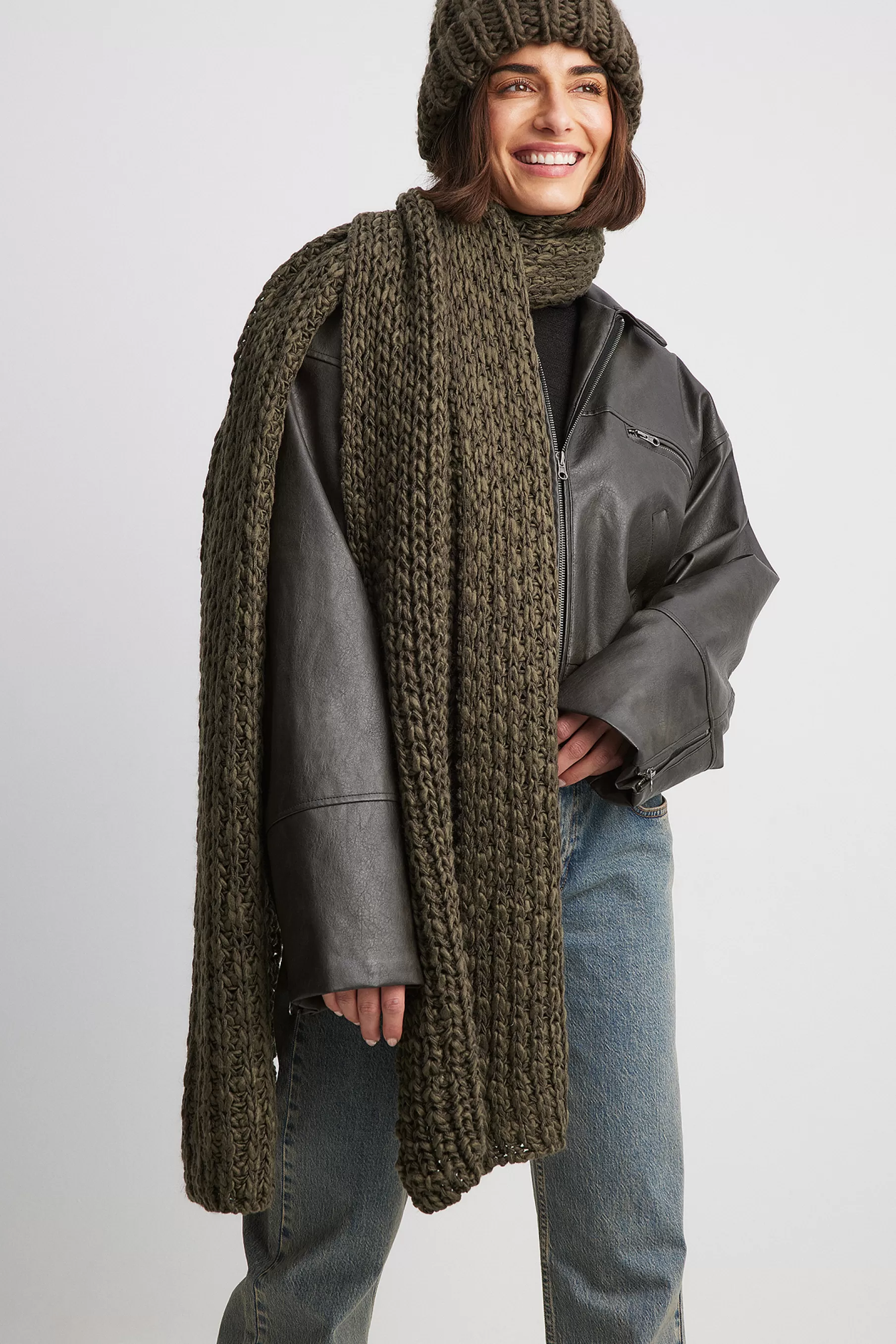 NA-KD Chunky Knitted Scarf Green