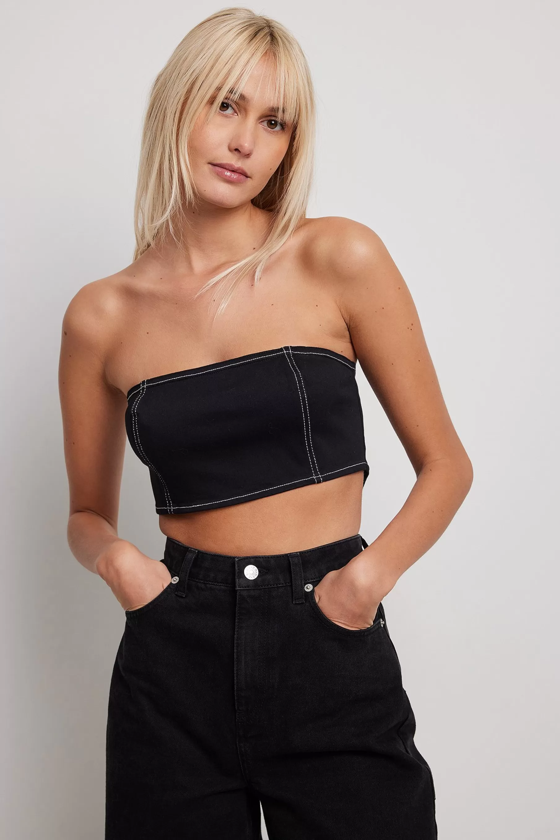 NA-KD Contrast Seam Corset Denim Top Black