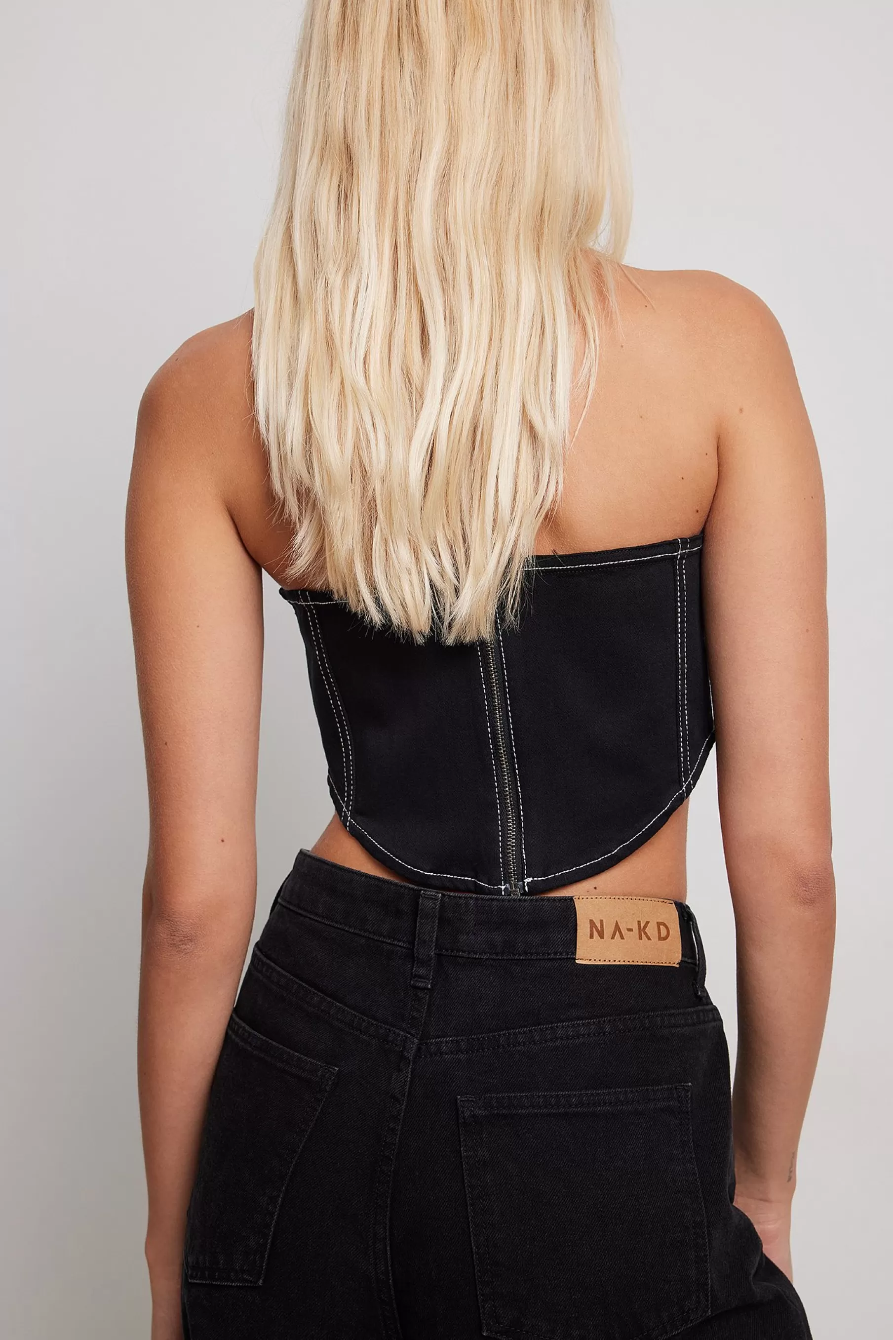 NA-KD Contrast Seam Corset Denim Top Black