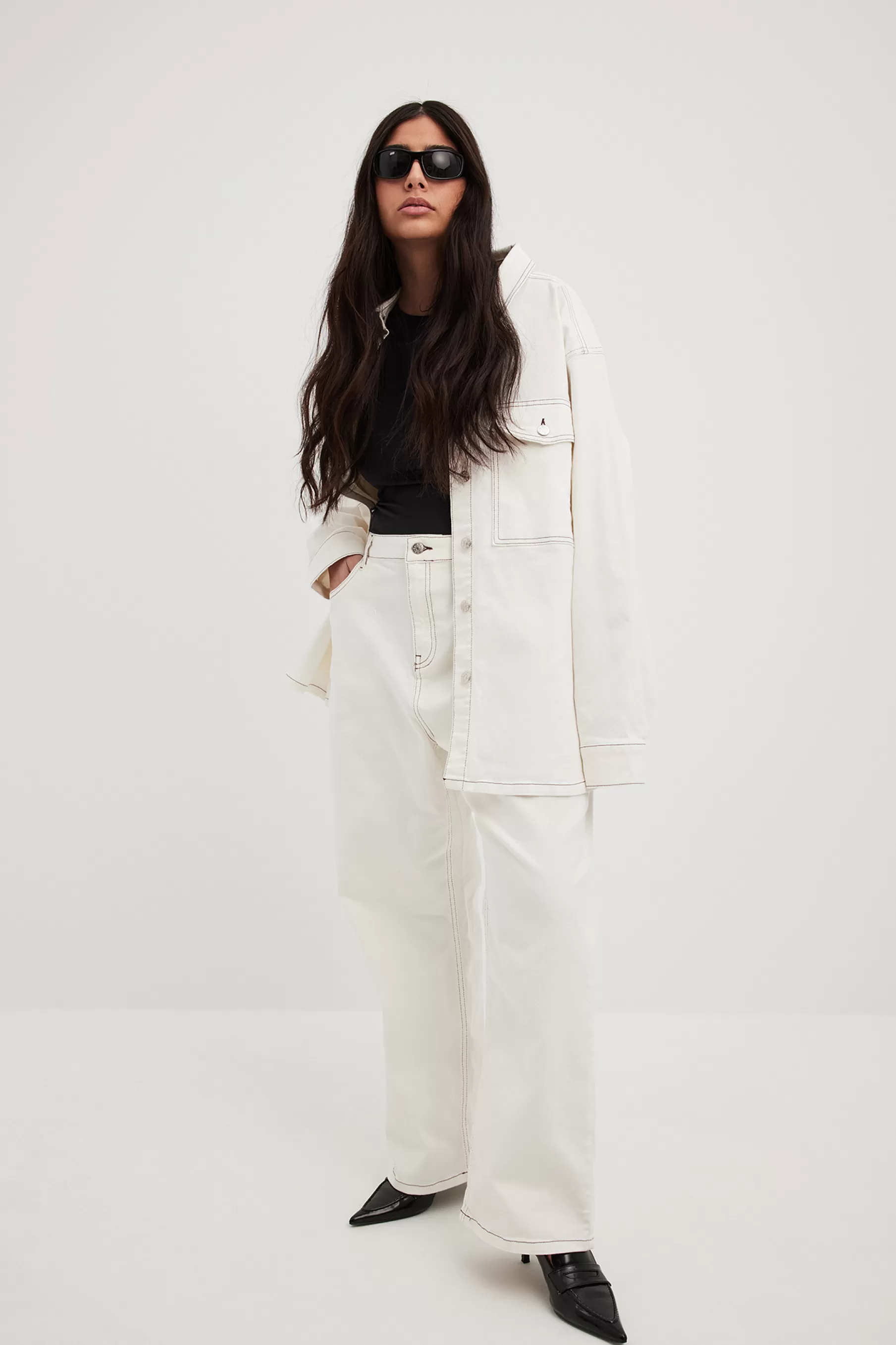 NA-KD Contrast Seam Straight High Waist Denim Offwhite