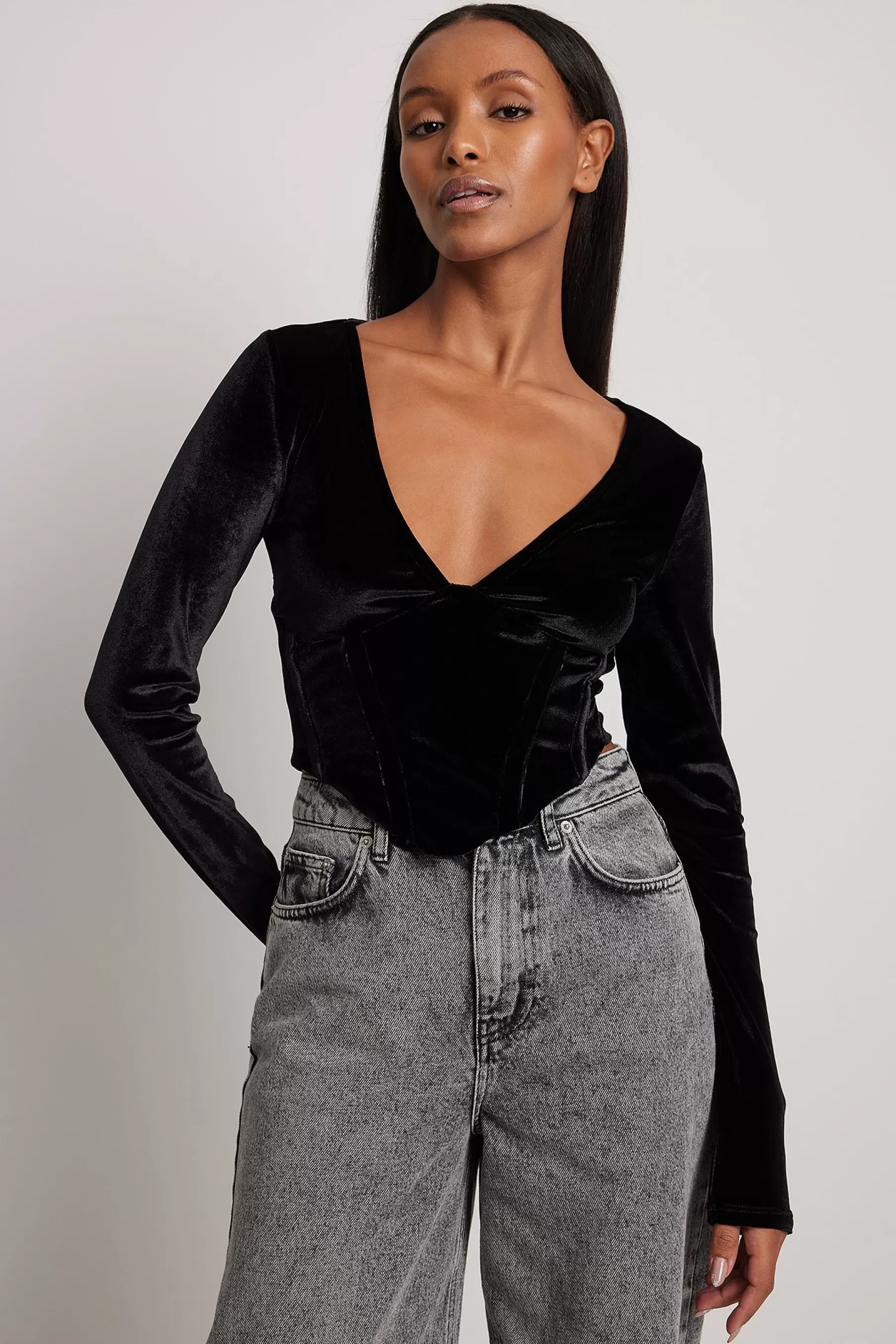 NA-KD Corset Detail Velvet Top Black