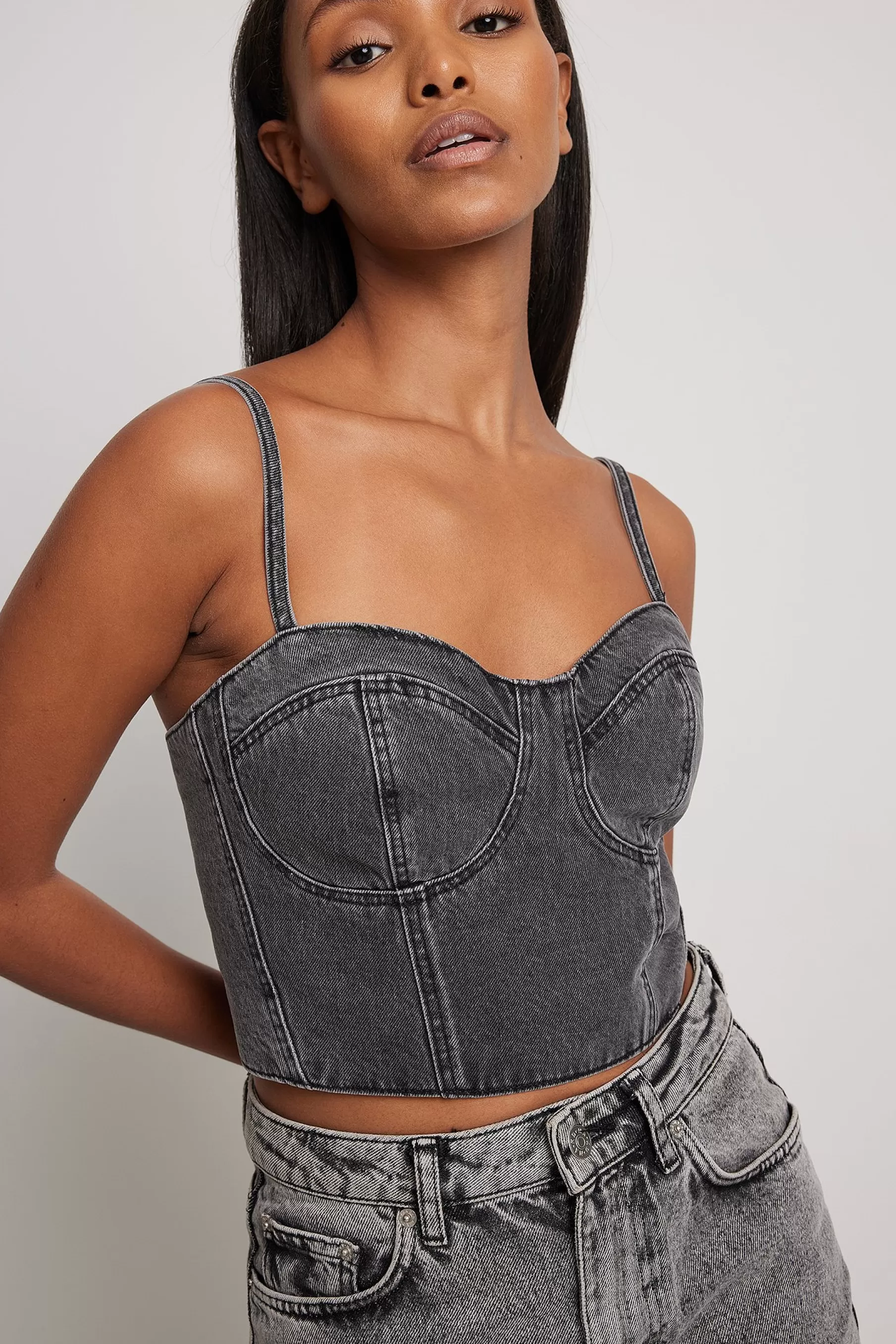 NA-KD Corset Strap Detail Denim Top Grey