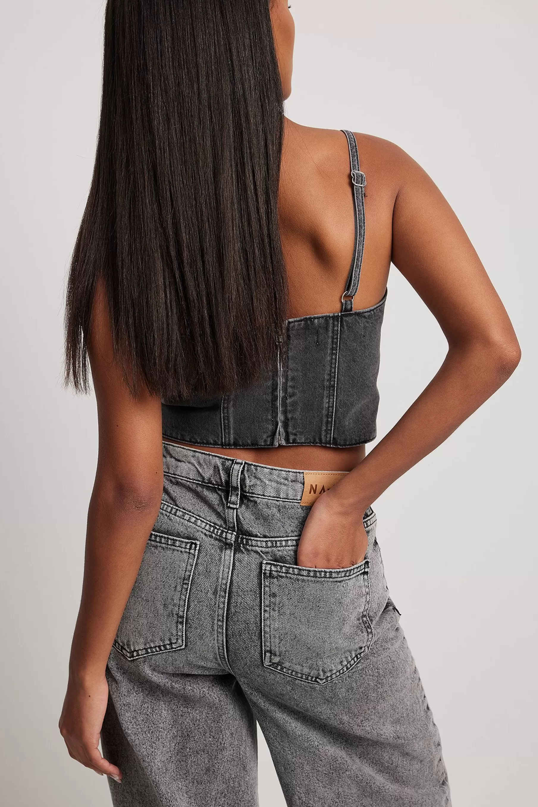 NA-KD Corset Strap Detail Denim Top Grey