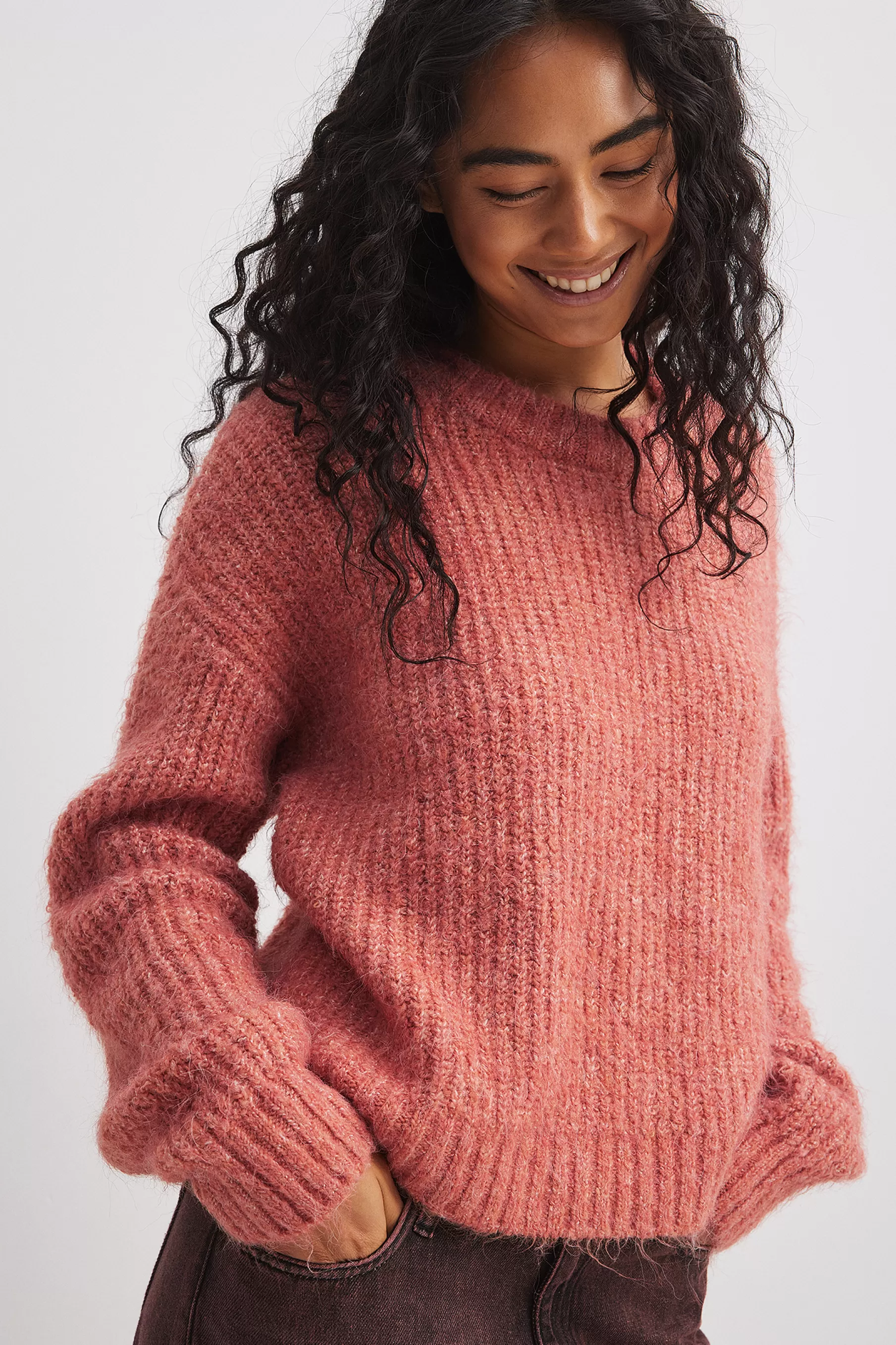 NA-KD Crew Neck Melange Knitted Sweater Pink