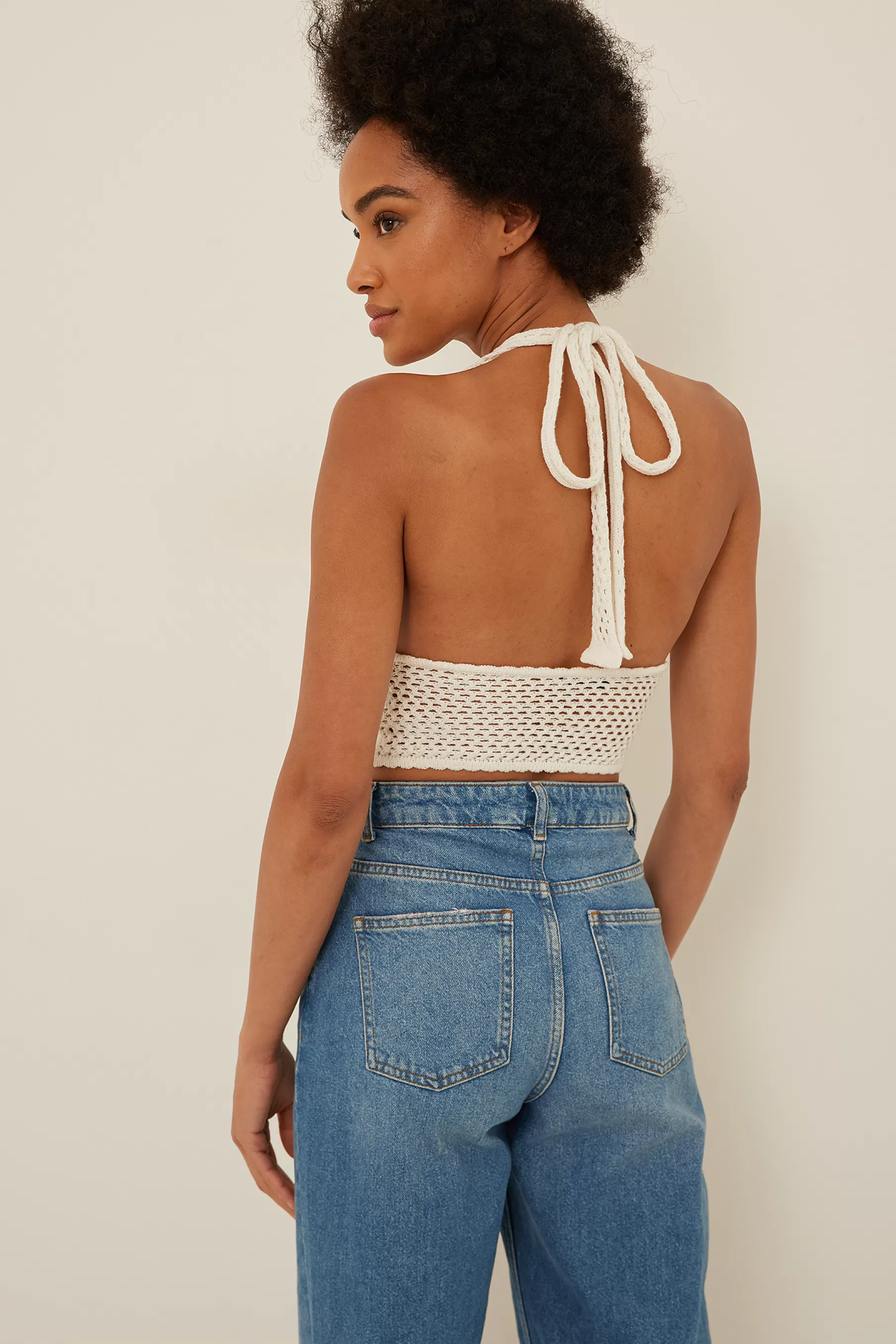 NA-KD Crochet Knitted Halterneck Top Offwhite