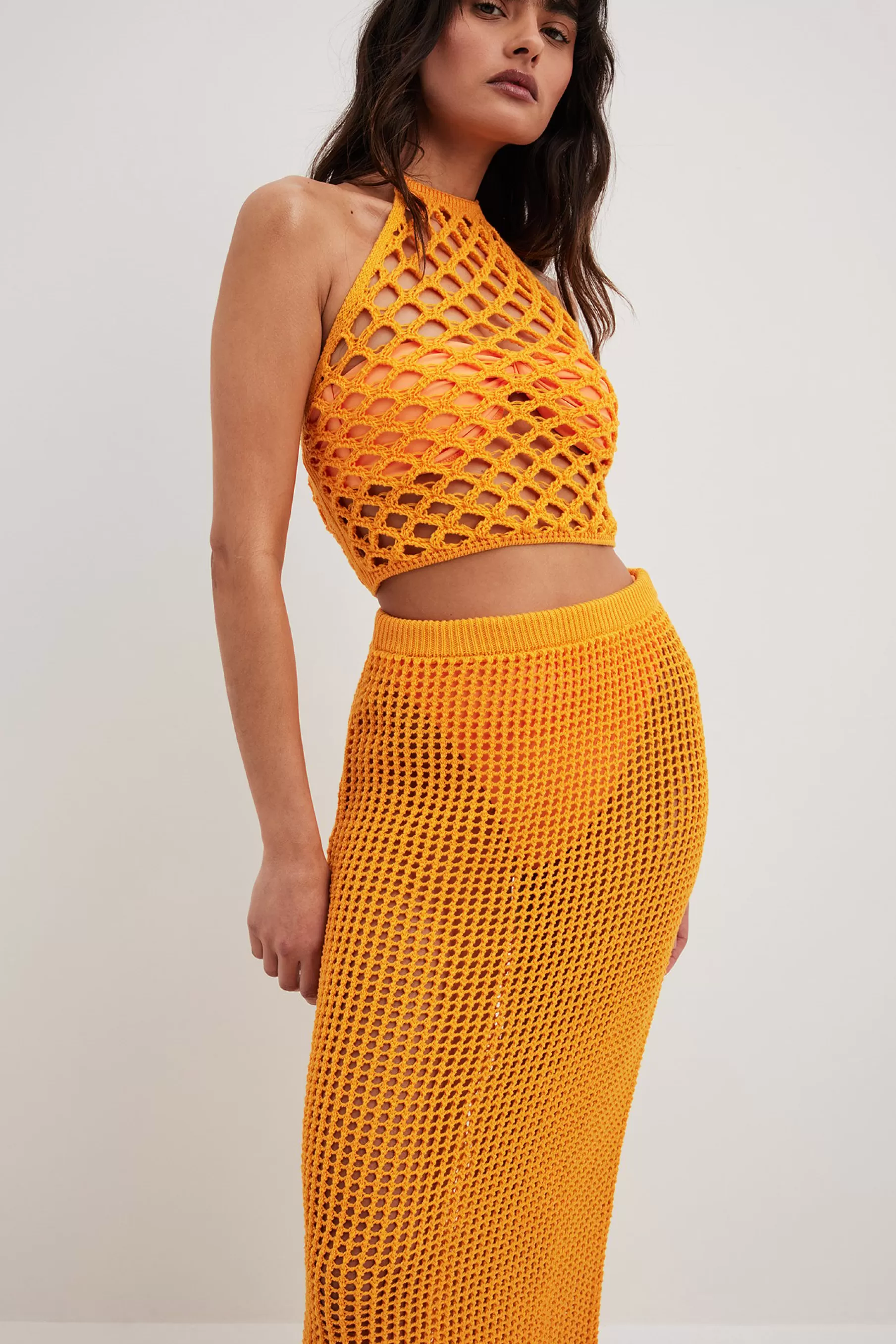 NA-KD Crochet Knitted Halterneck Top Orange