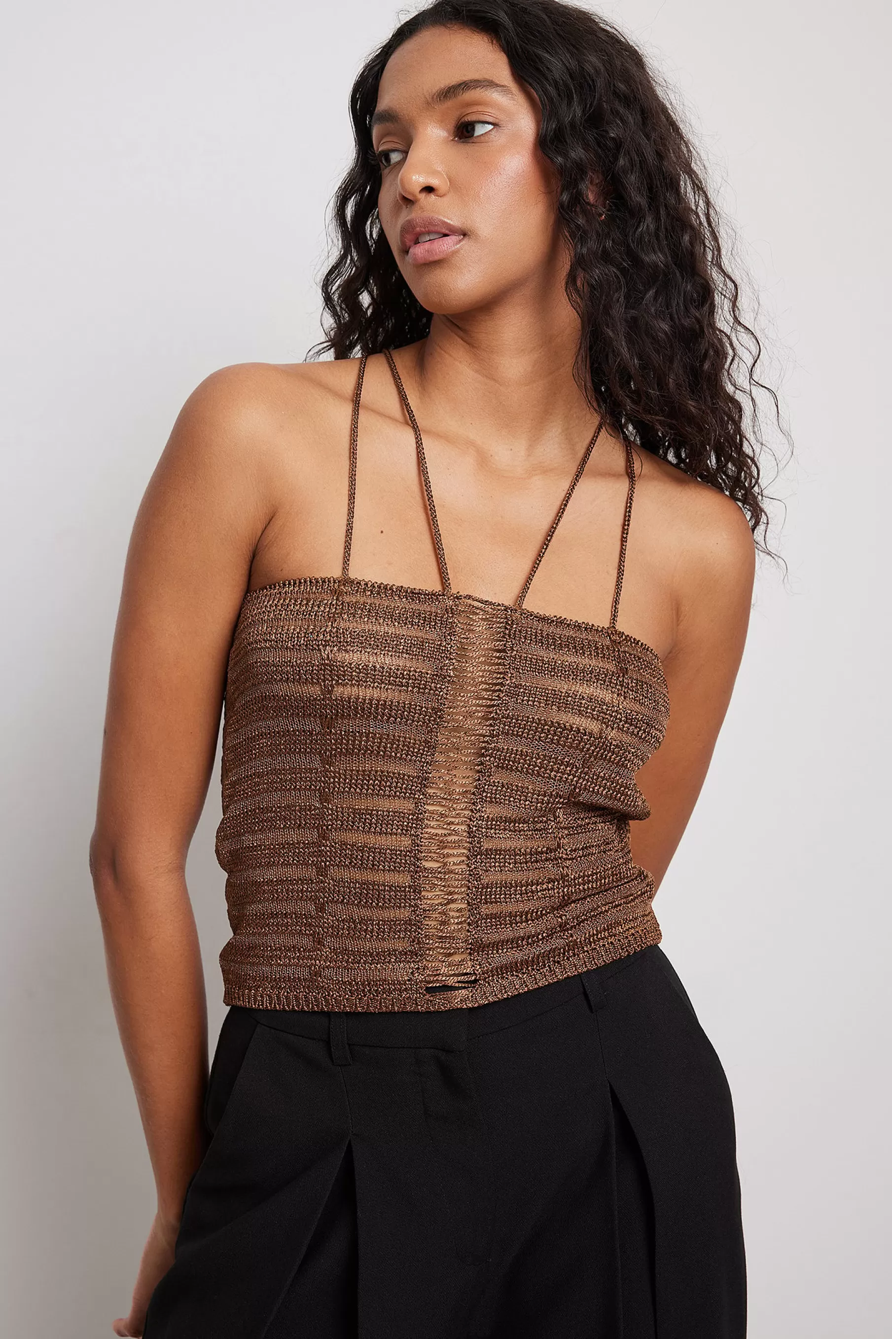 NA-KD Crochet Knitted Lacing Detail Top Brown