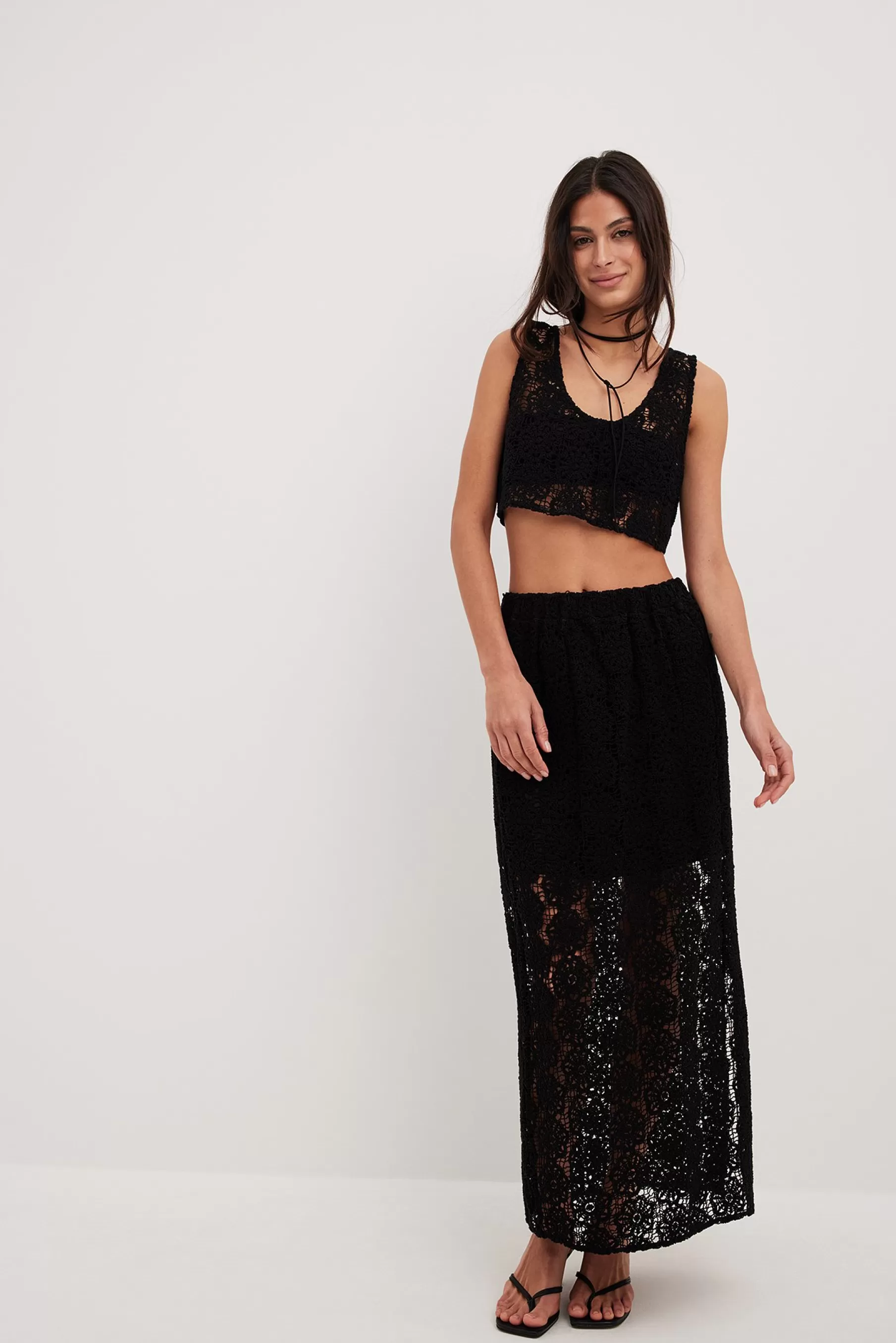 NA-KD Crochet Knitted Maxi Skirt Black