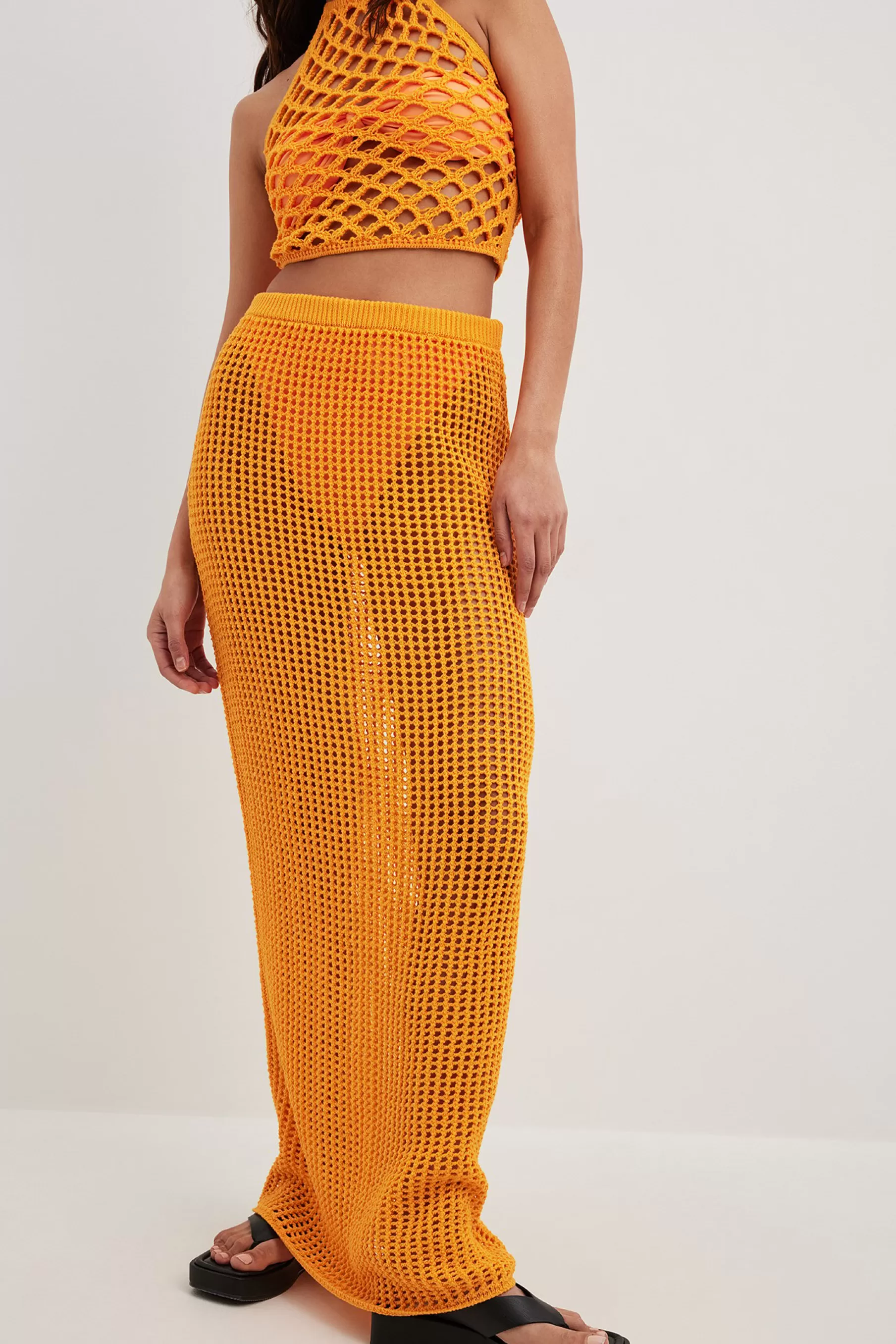 NA-KD Crochet Knitted Maxi Skirt Orange